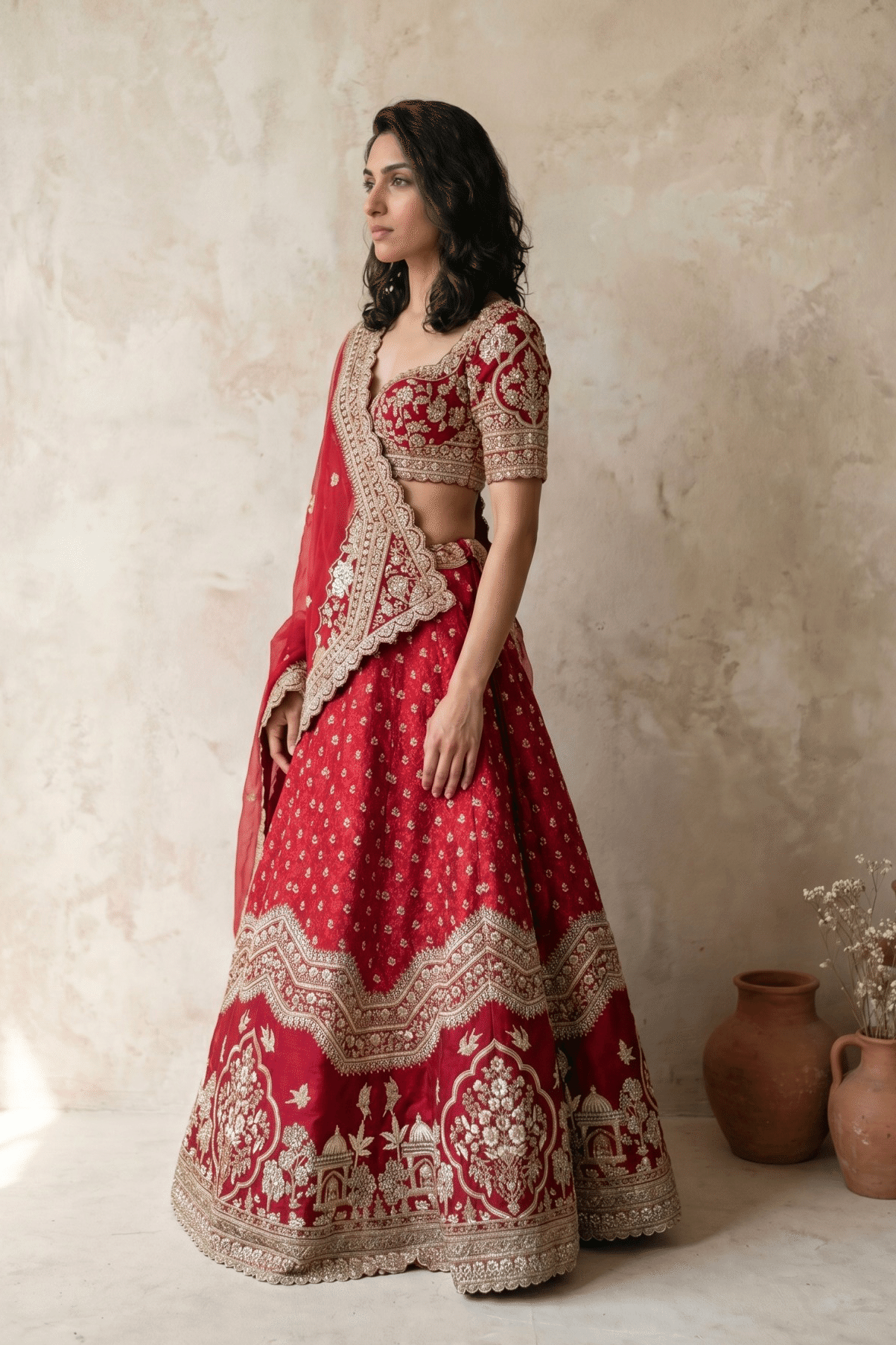 Red Silk Lehenga Set with Thread and Pearl Embroidery