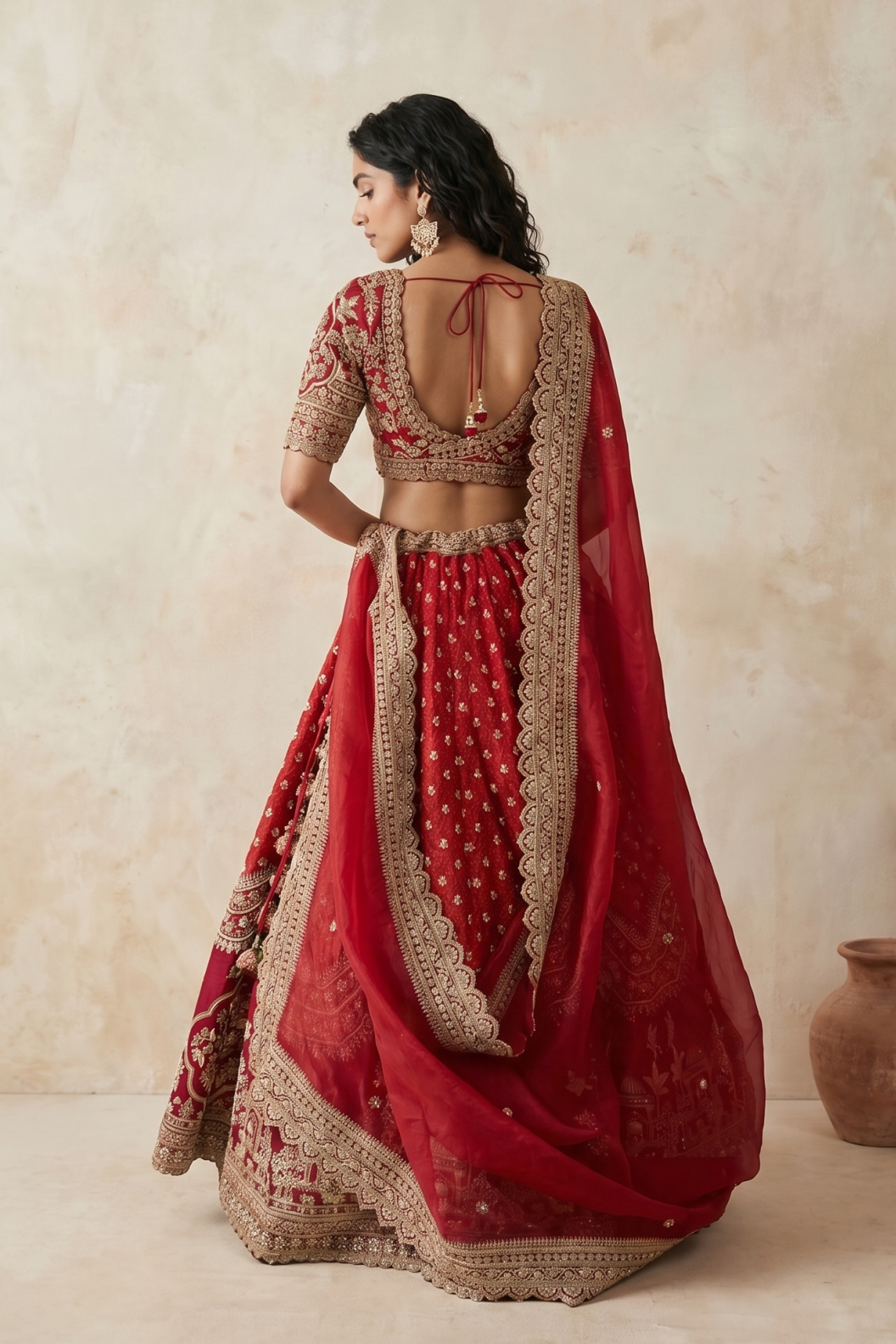 Red Silk Lehenga Set with Thread and Pearl Embroidery