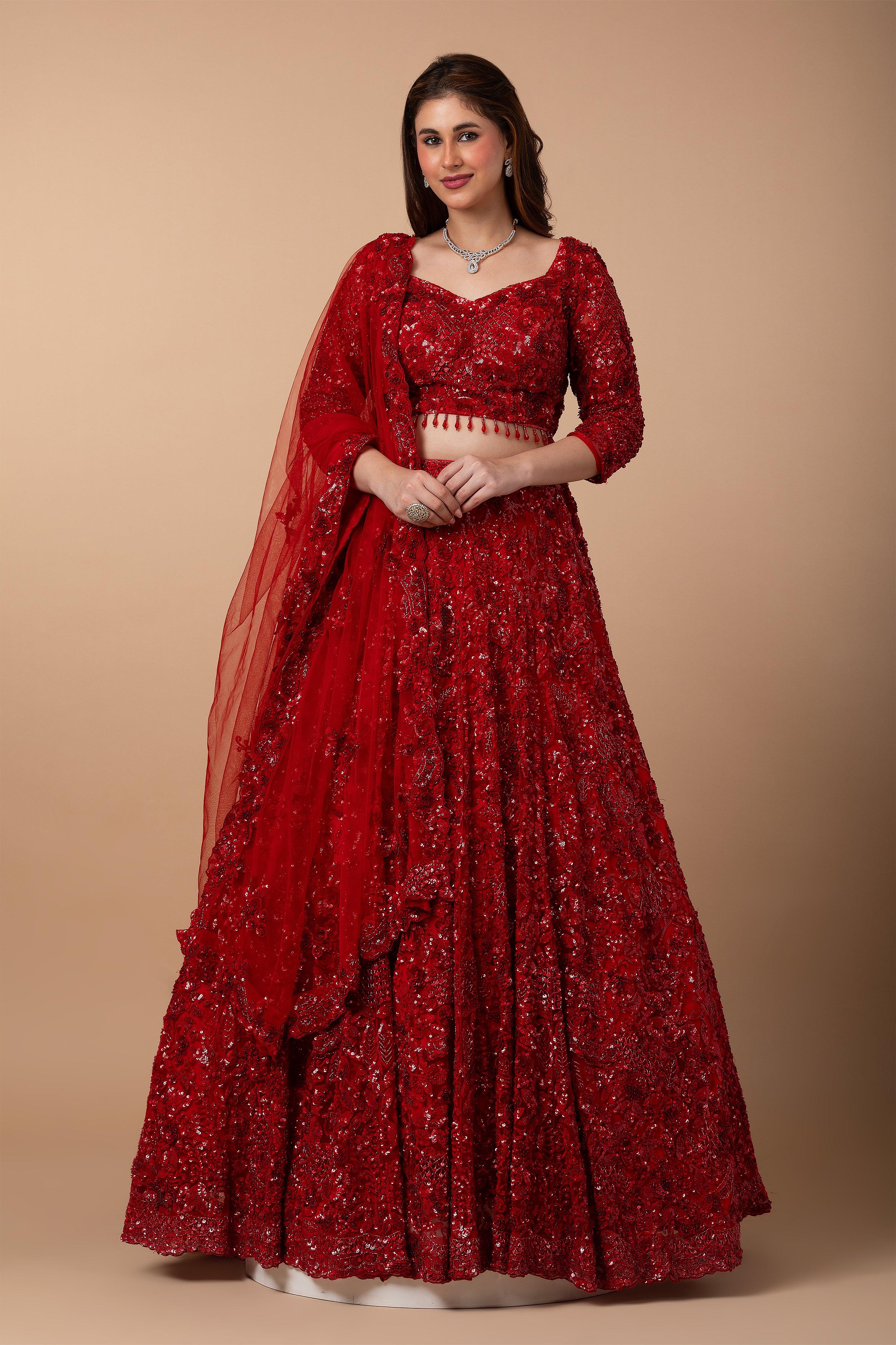 Scarlet Red Net Lehenga set - Mokshaa