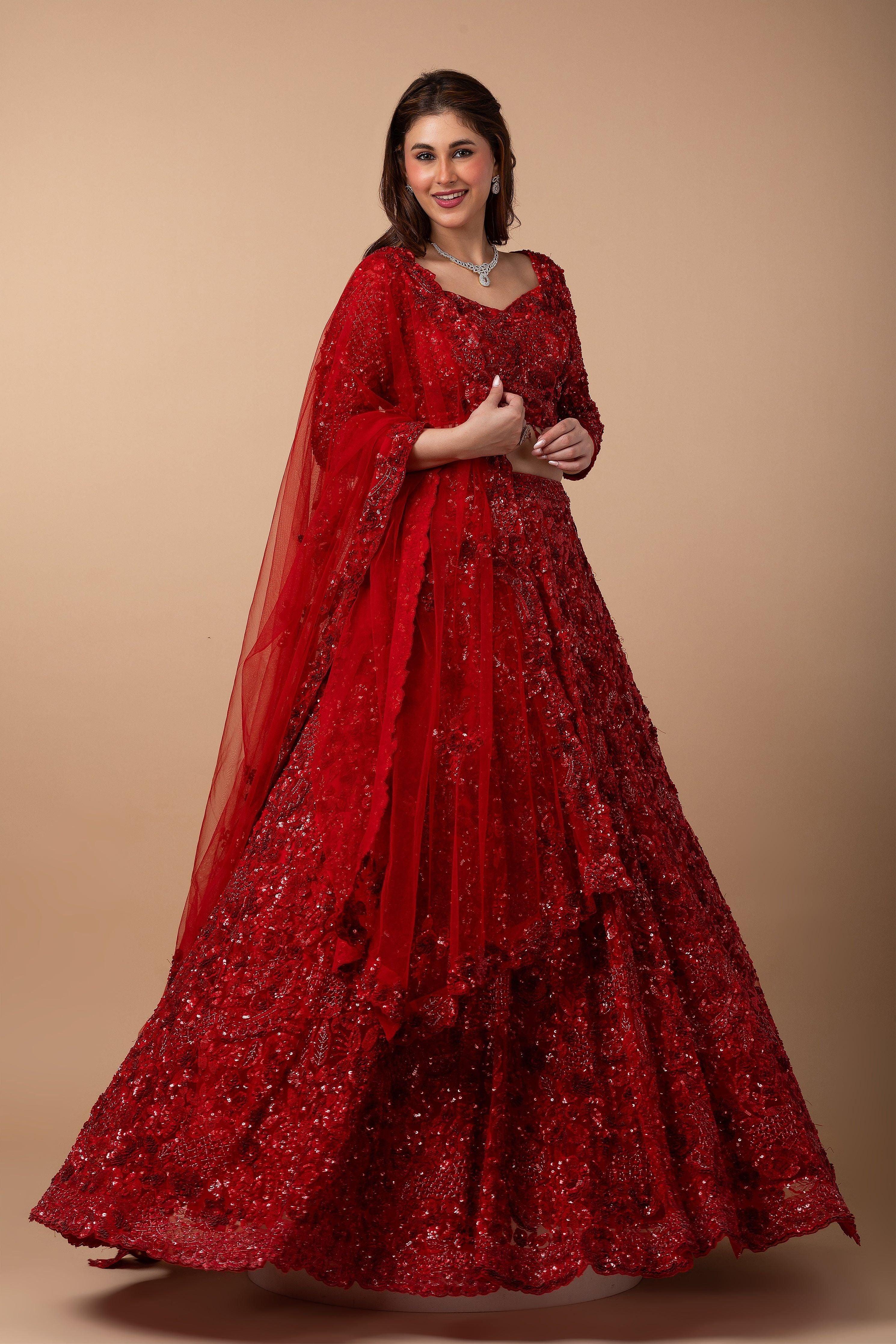 Scarlet Red Net Lehenga set - Mokshaa