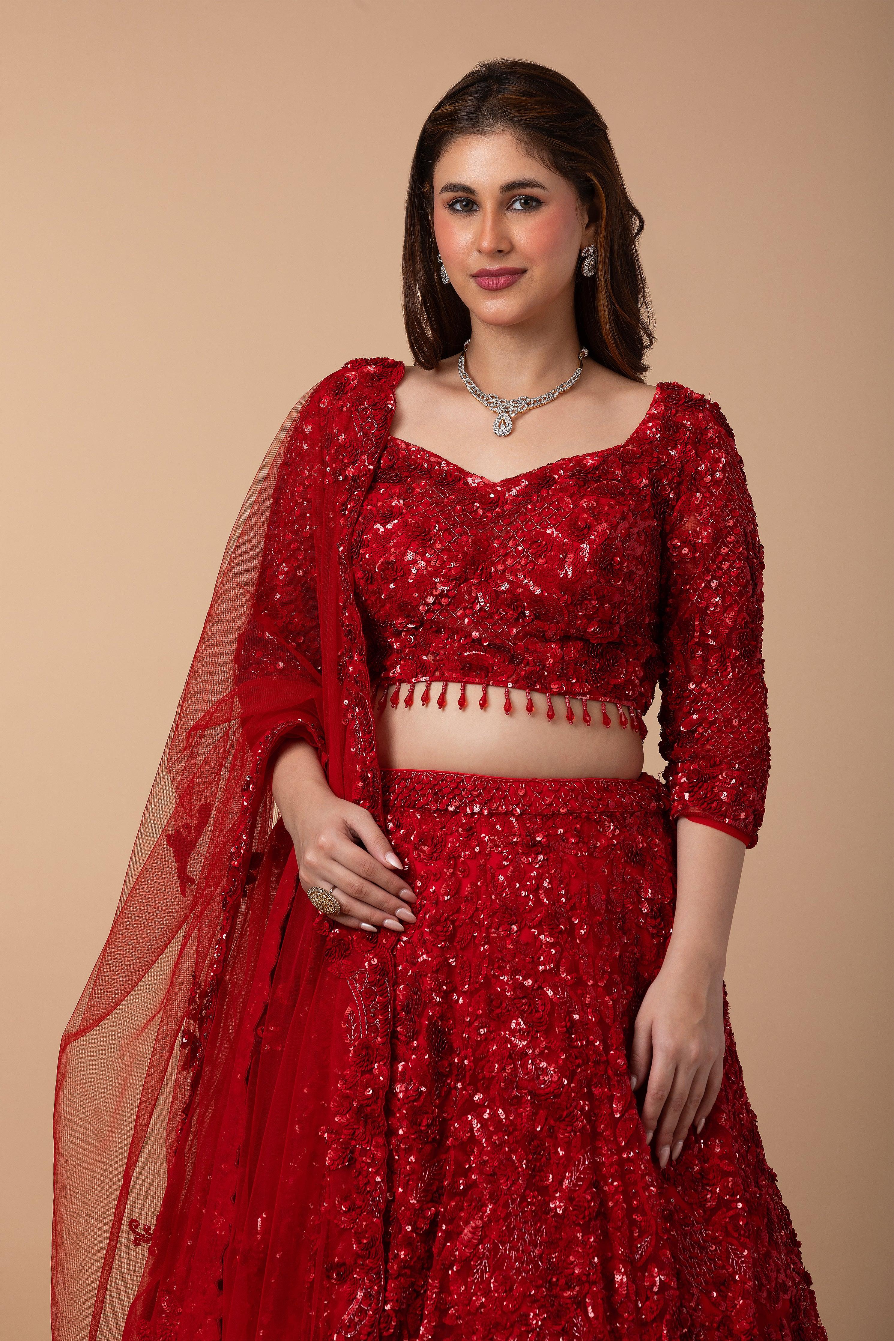 Scarlet Red Net Lehenga set - Mokshaa