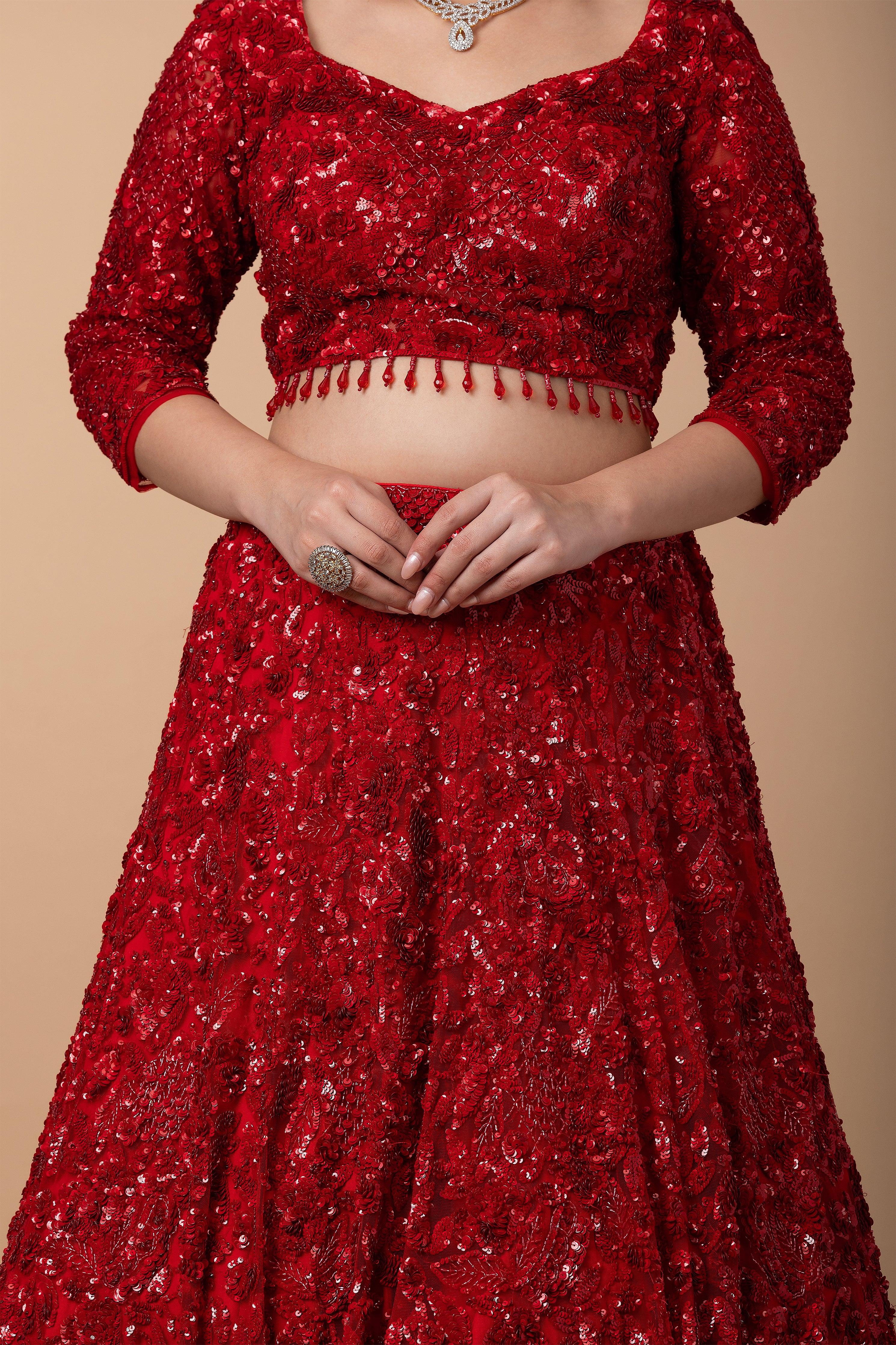 Scarlet Red Net Lehenga set - Mokshaa
