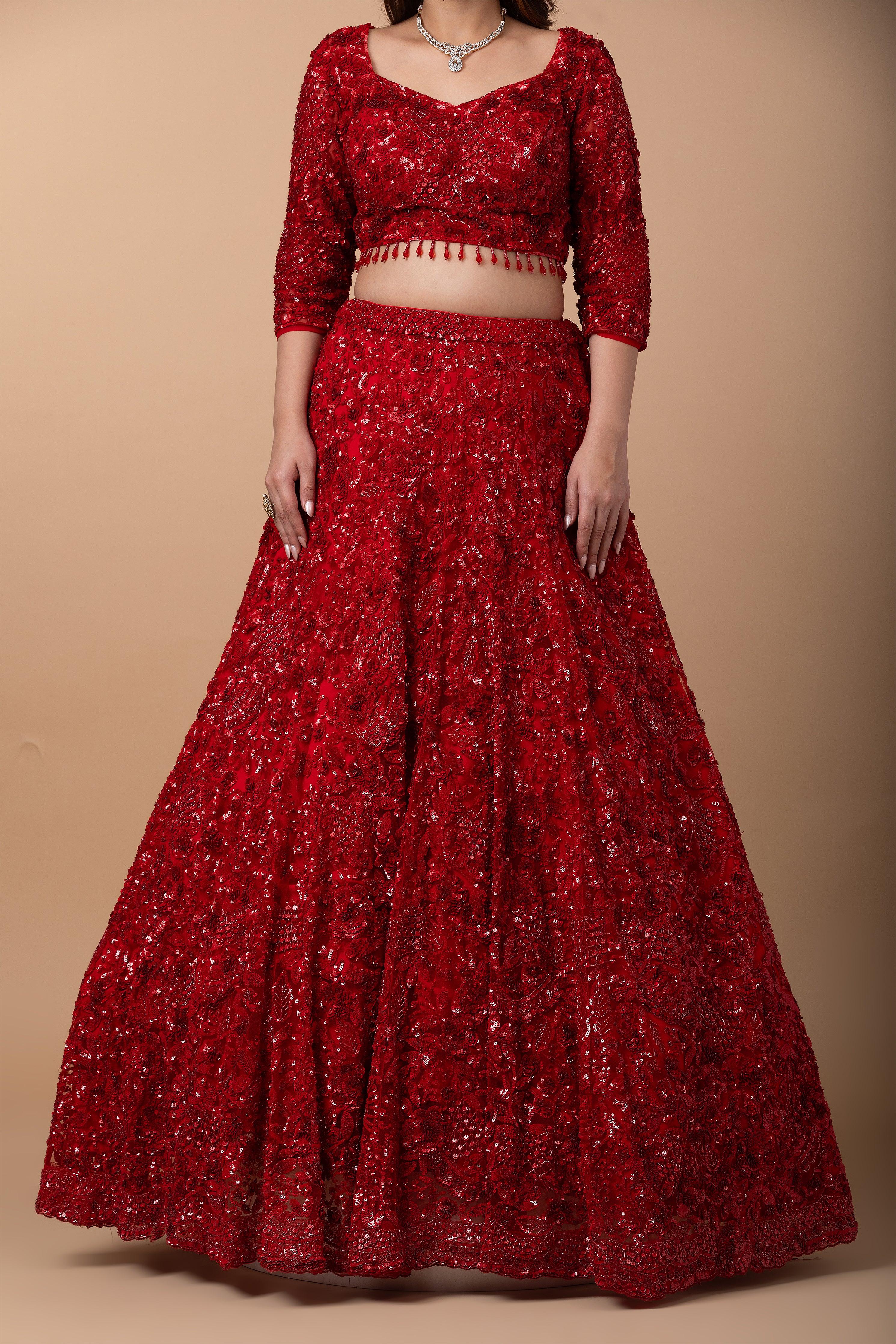 Scarlet Red Net Lehenga set - Mokshaa