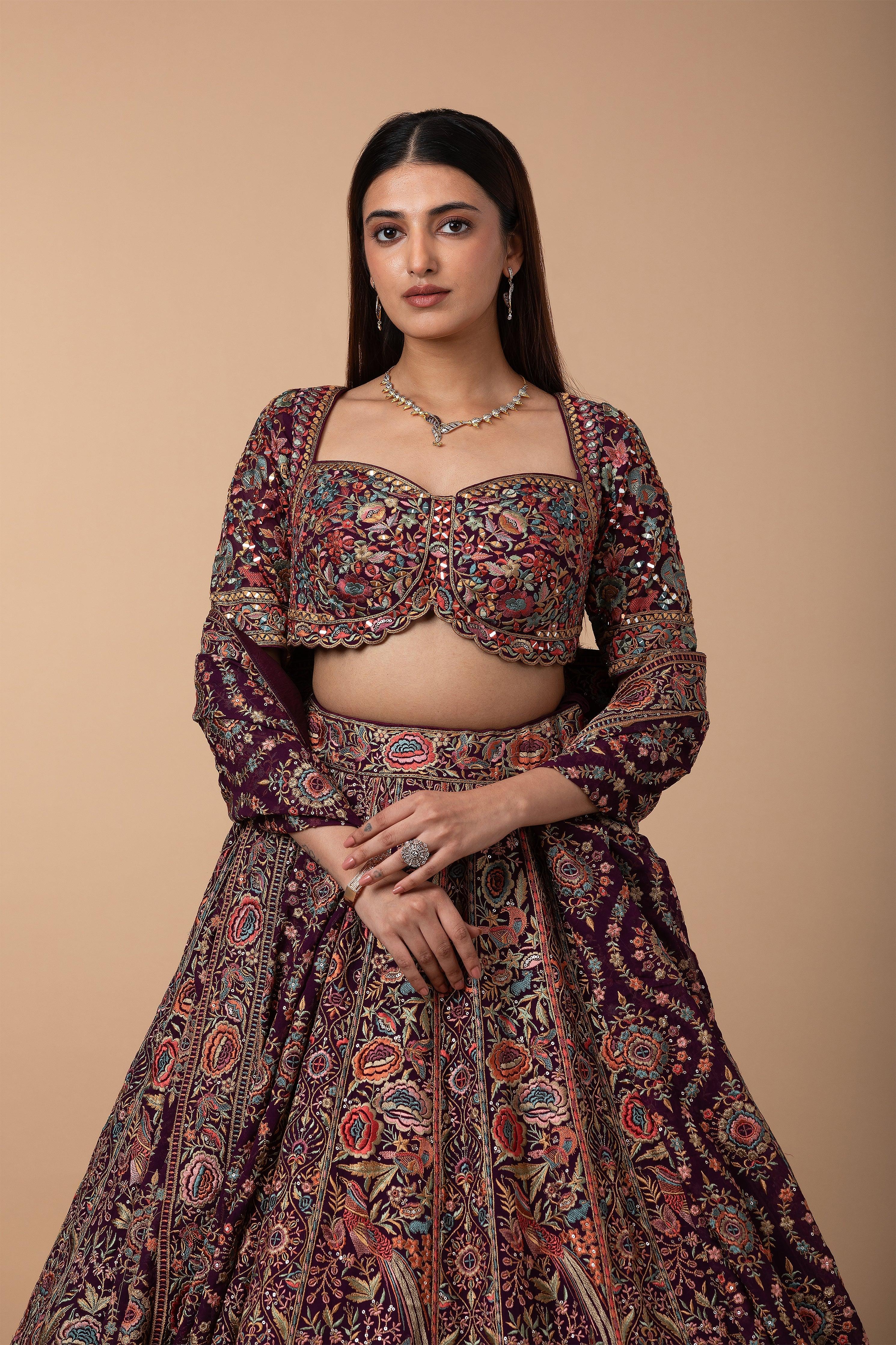 Wine Multicolor Kashida Embroidered Lehenga Set - Mokshaa