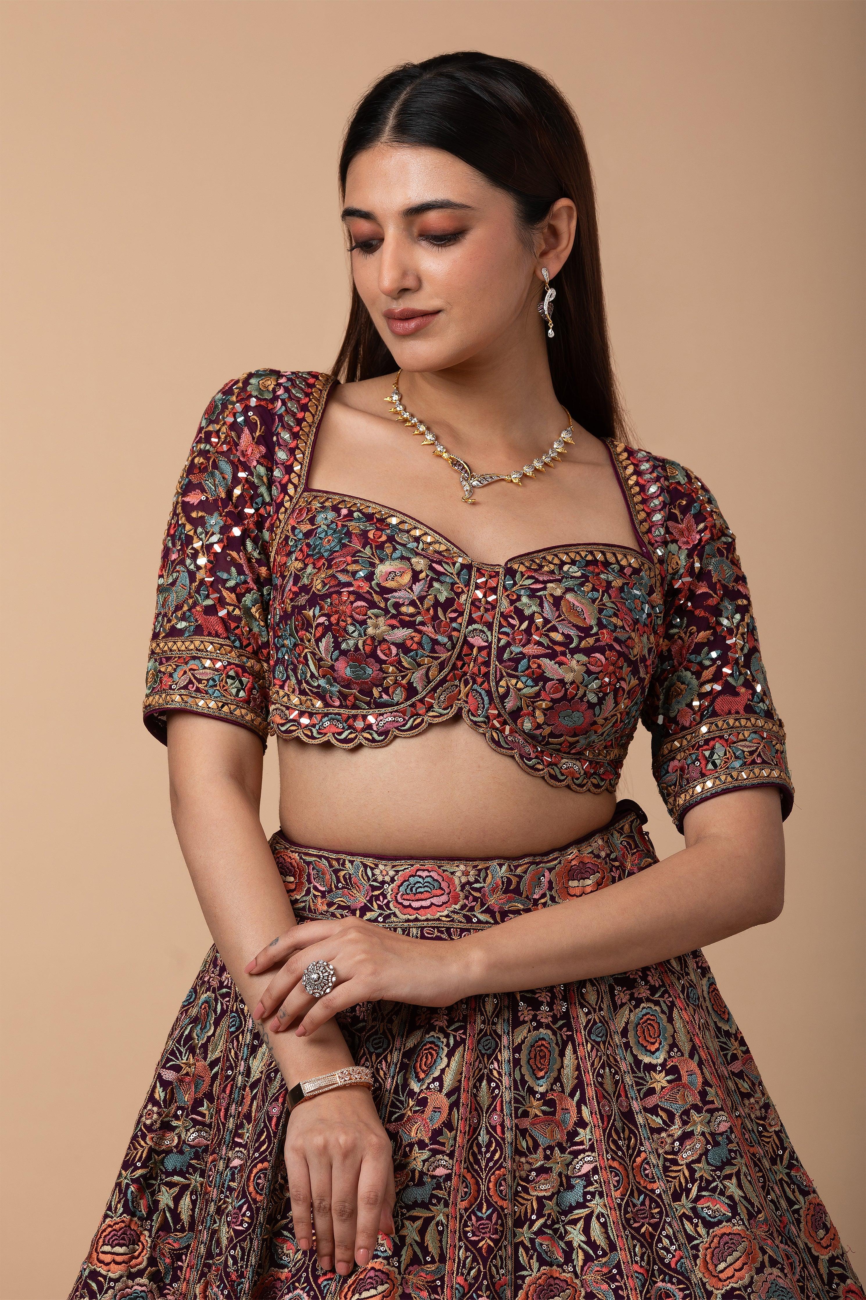 Wine Multicolor Kashida Embroidered Lehenga Set - Mokshaa