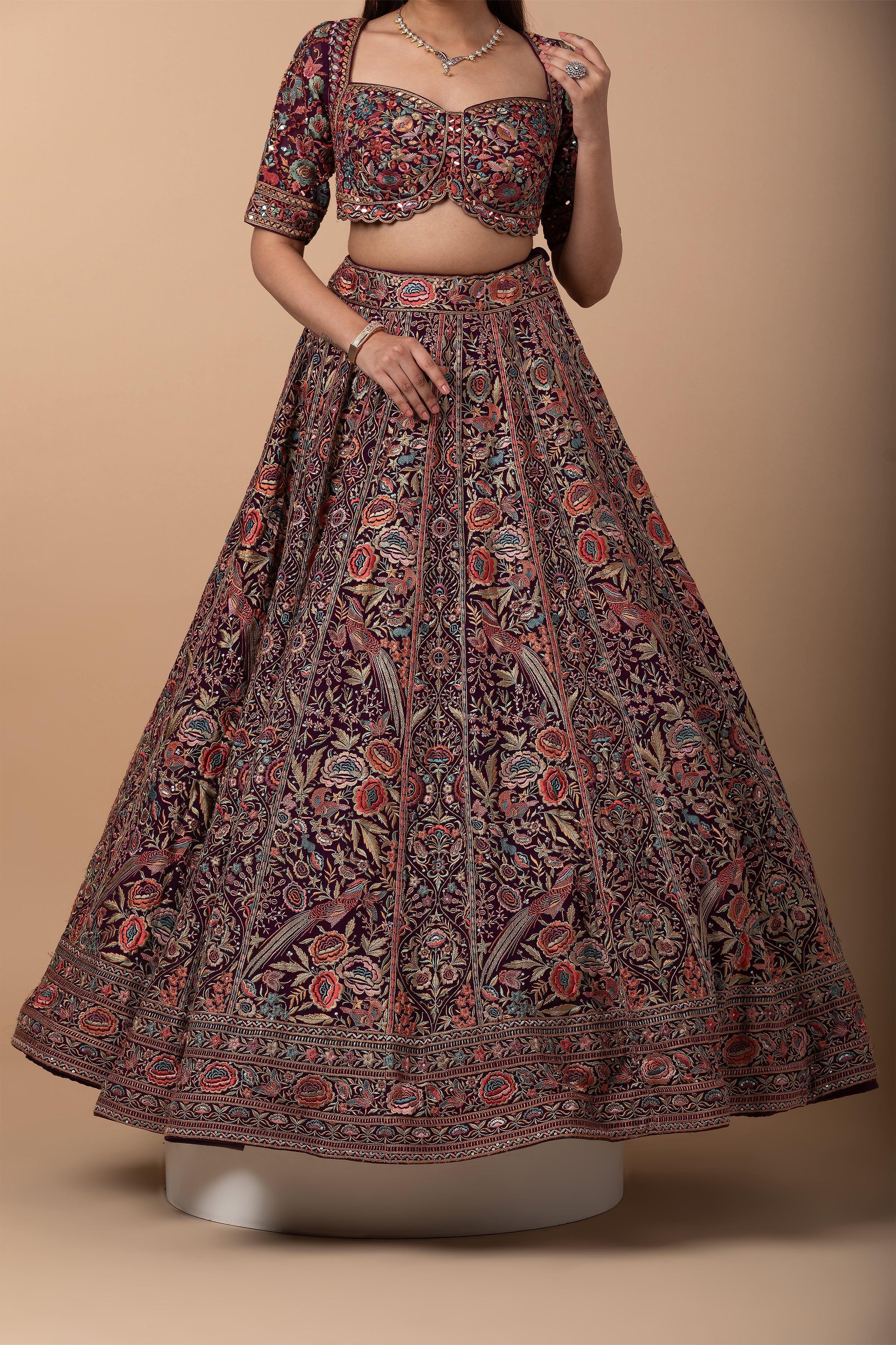 Wine Multicolor Kashida Embroidered Lehenga Set - Mokshaa