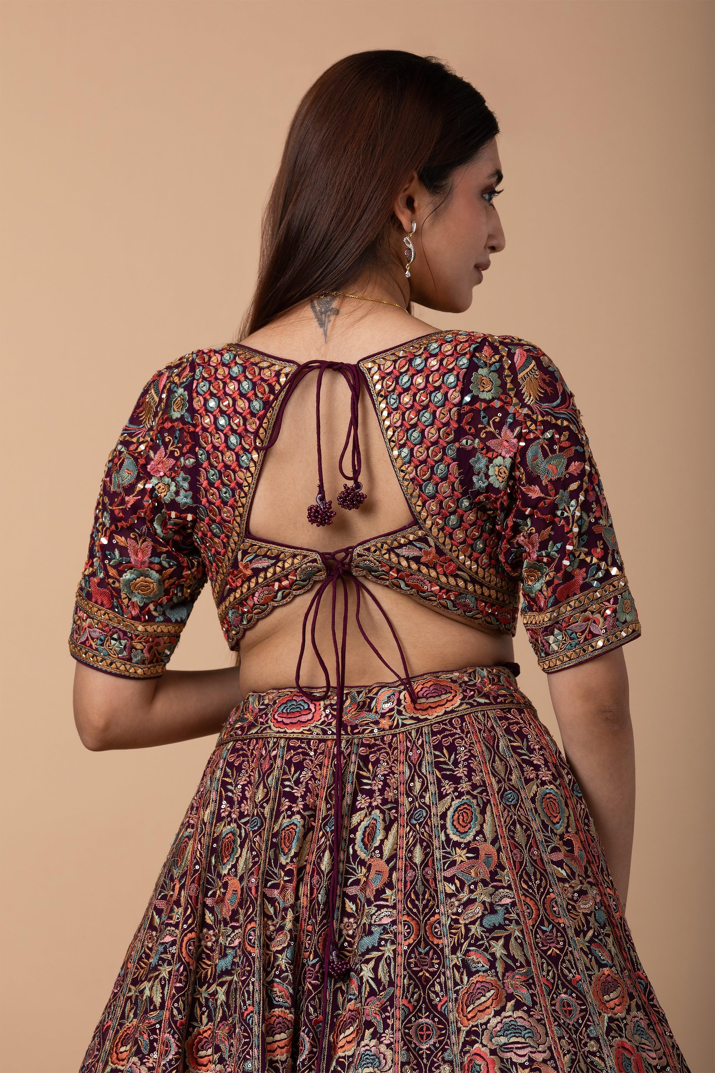 Wine Multicolor Kashida Embroidered Lehenga Set - Mokshaa