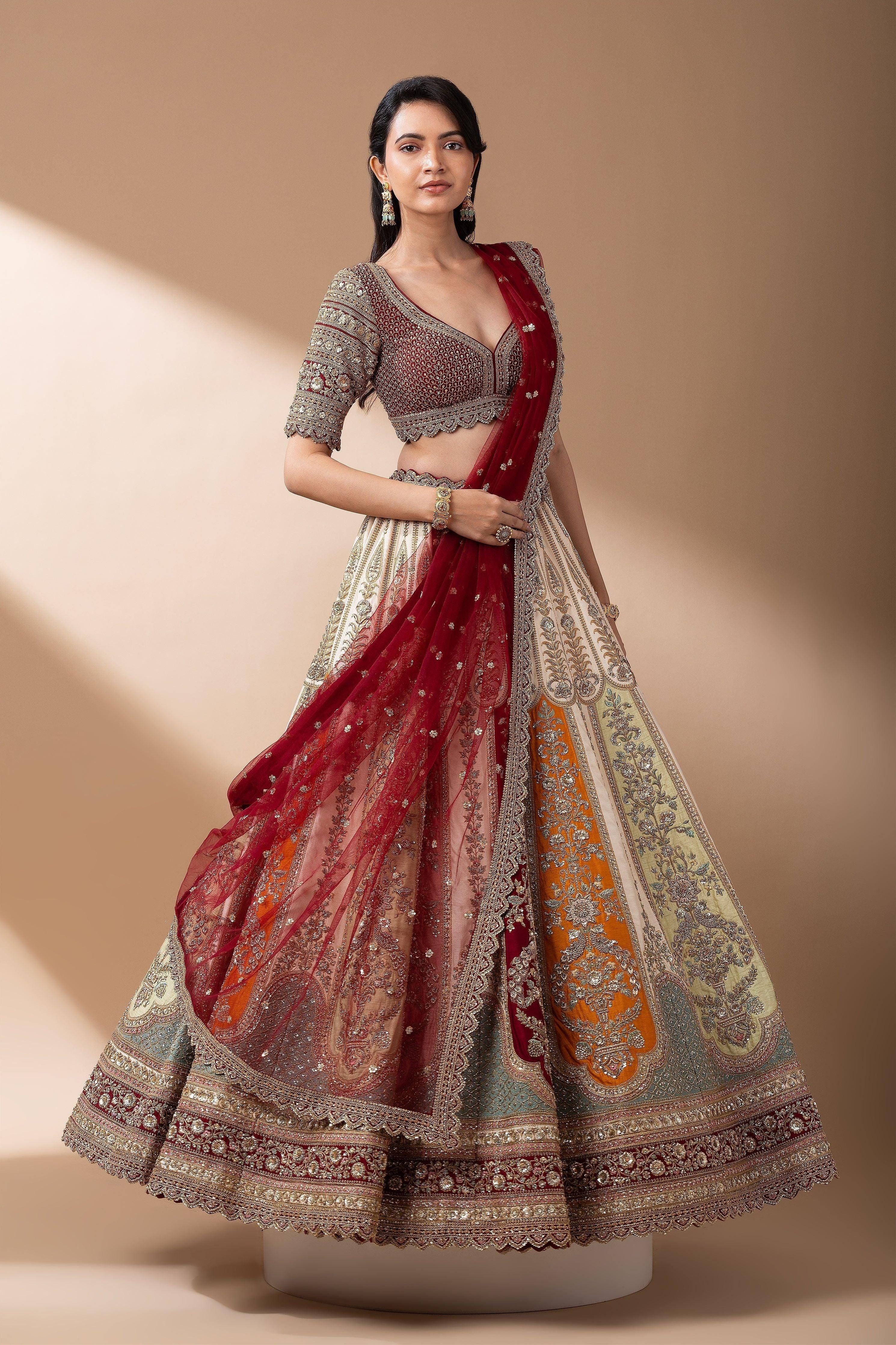 Regal Multicolor Paneled Bridal Lehenga - Mokshaa
