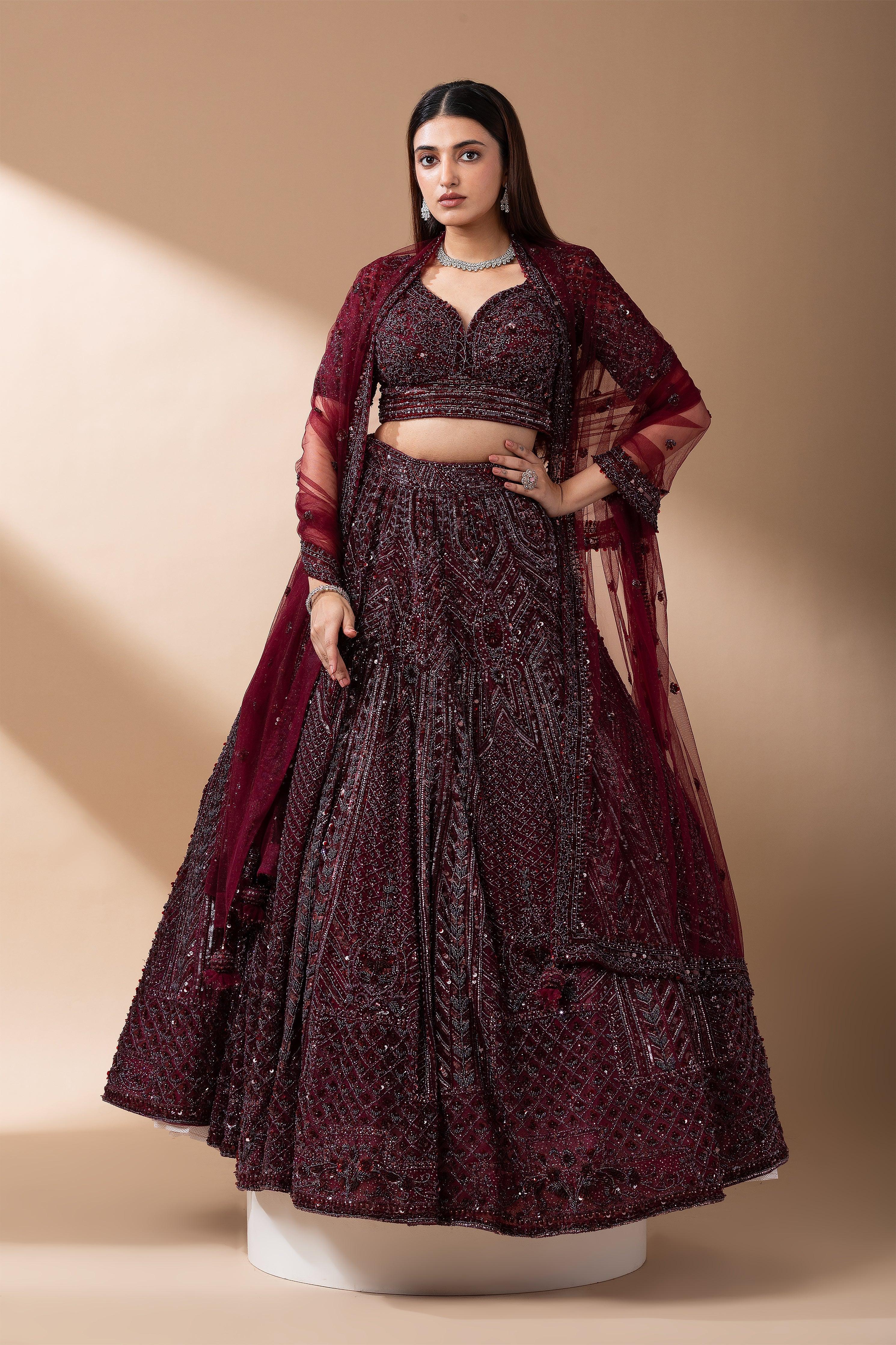 Deep Wine Embroidered Bridal Lehenga set - Mokshaa