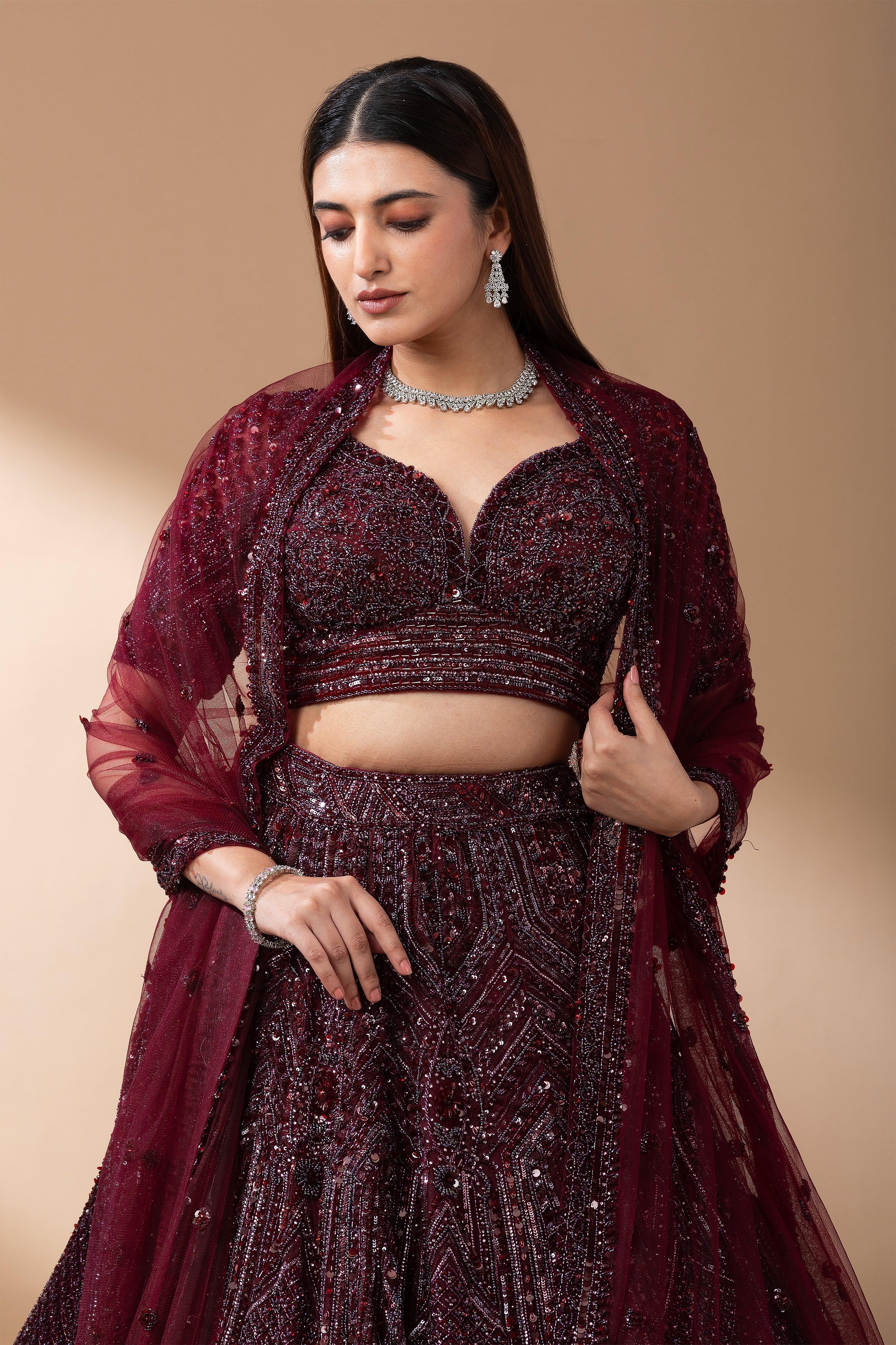 Deep Wine Embroidered Bridal Lehenga set - Mokshaa