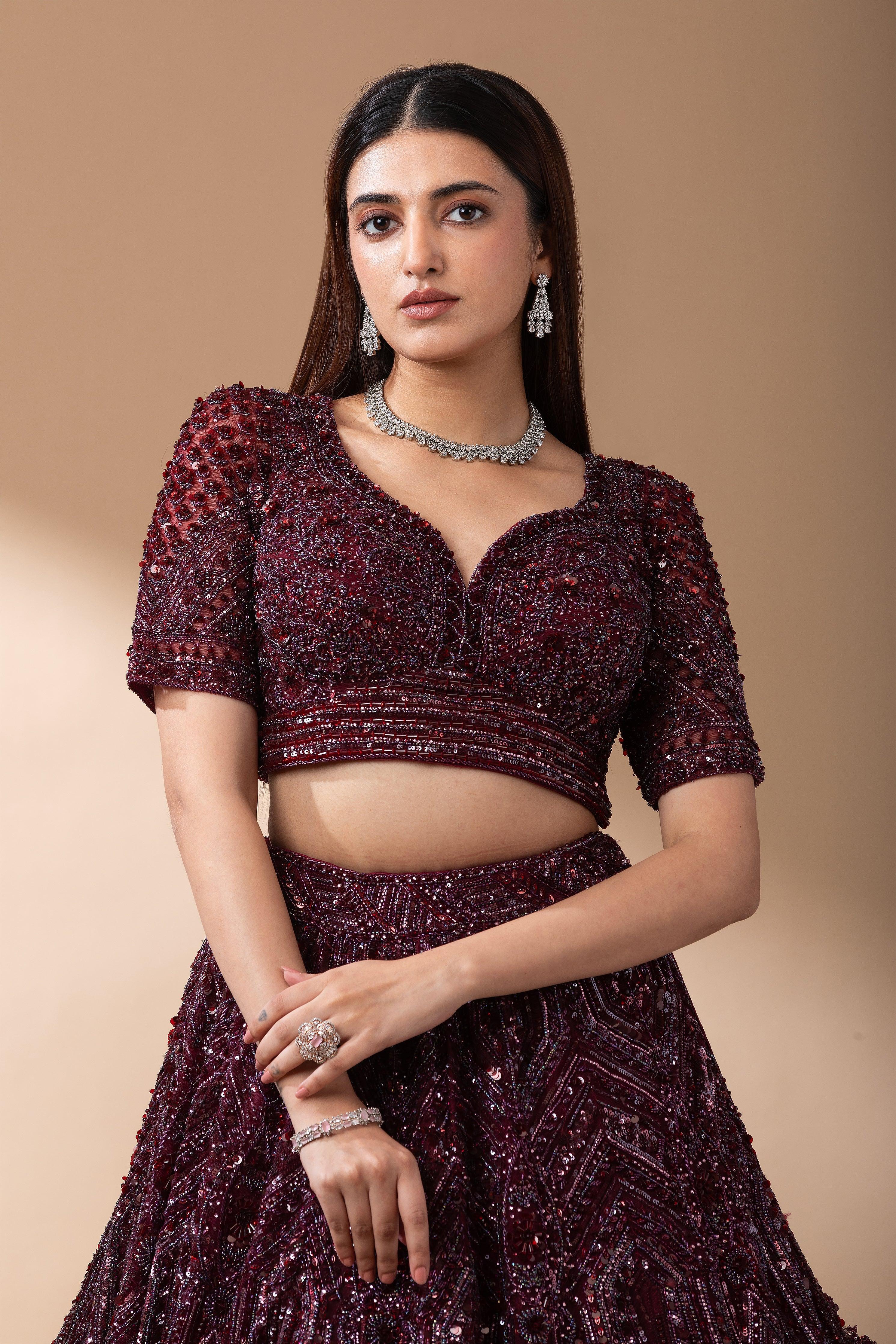Deep Wine Embroidered Bridal Lehenga set - Mokshaa