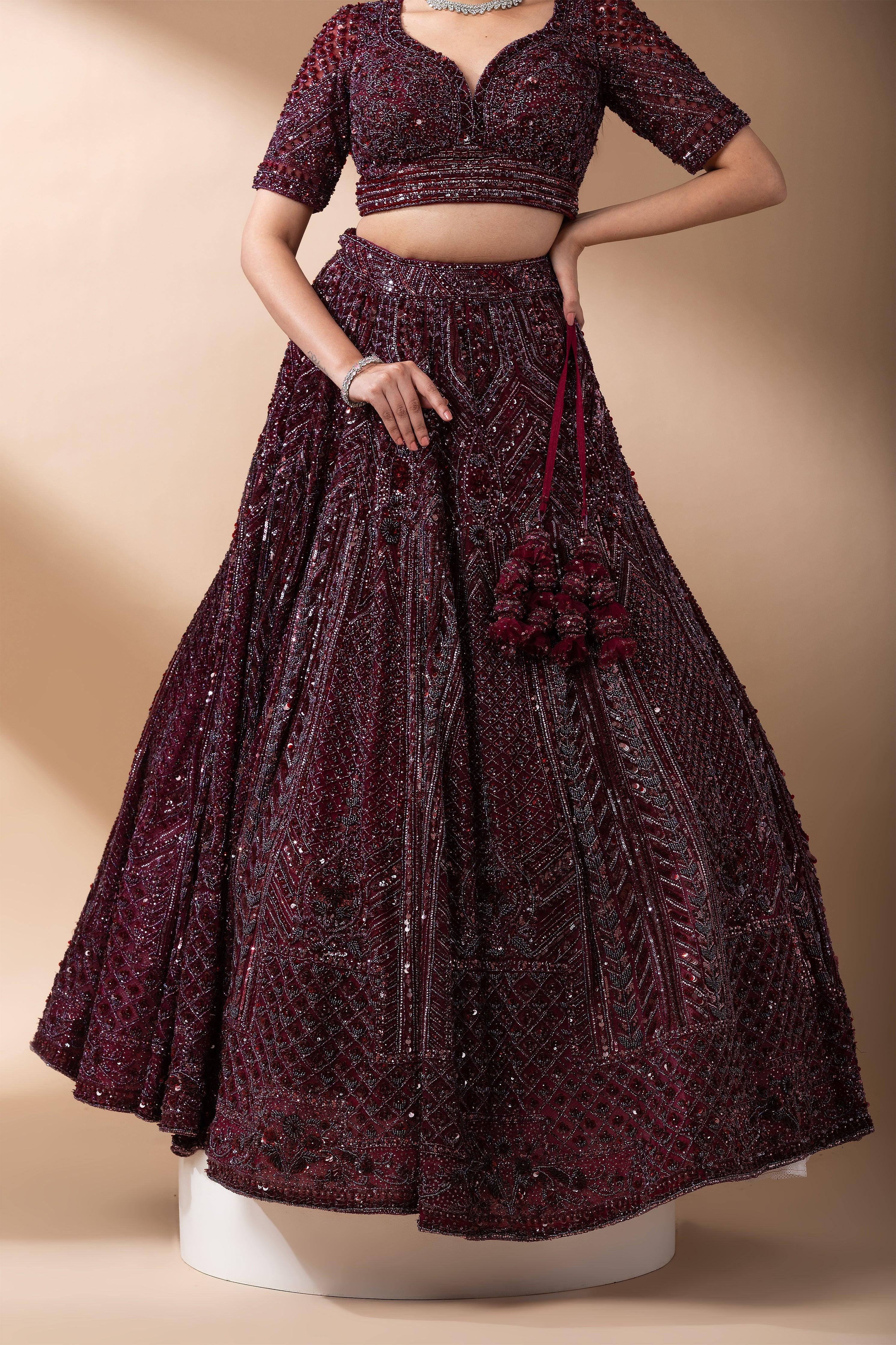 Deep Wine Embroidered Bridal Lehenga set - Mokshaa