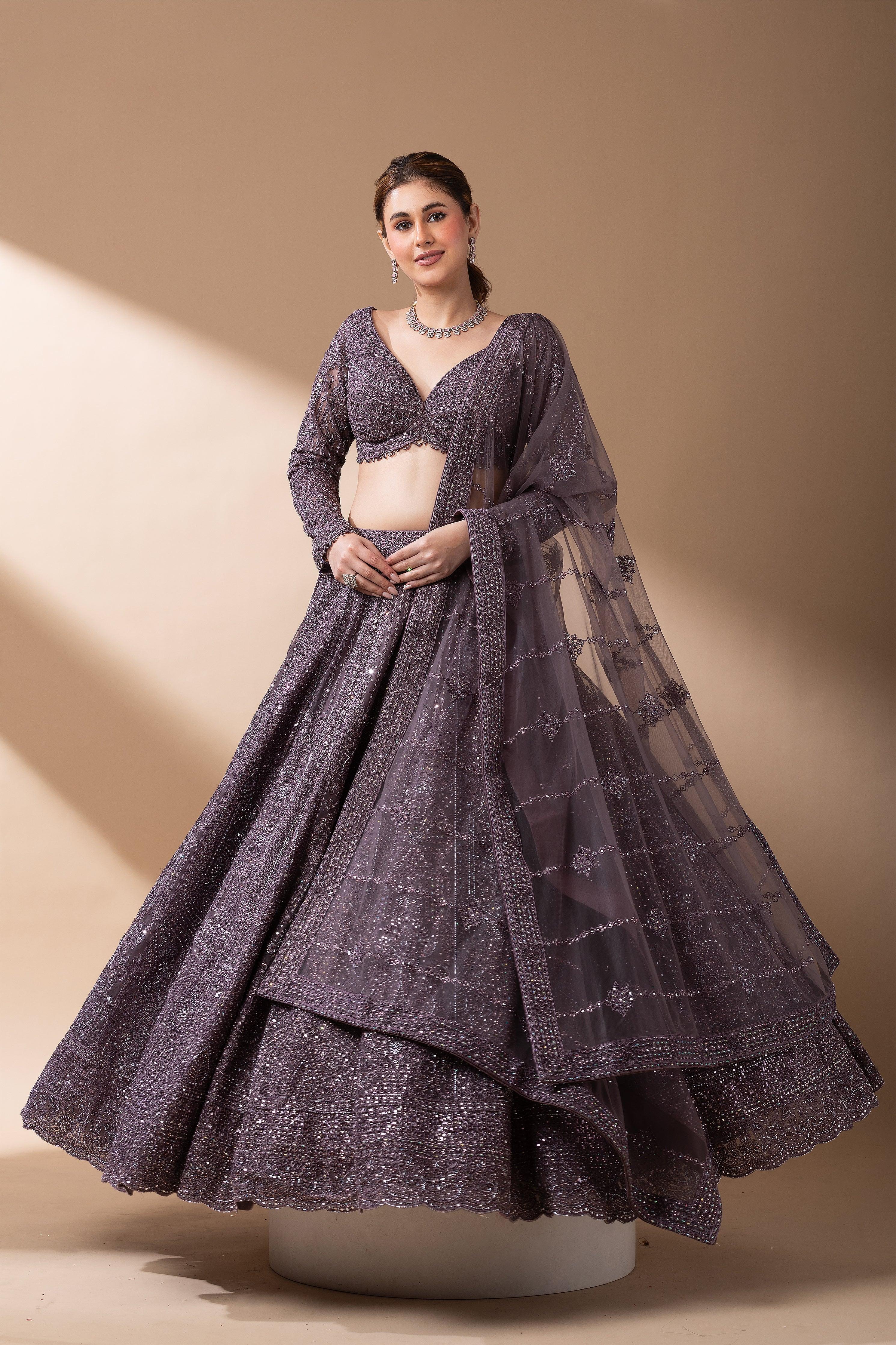 Smoky Mauve Net Lehenga Set - Mokshaa