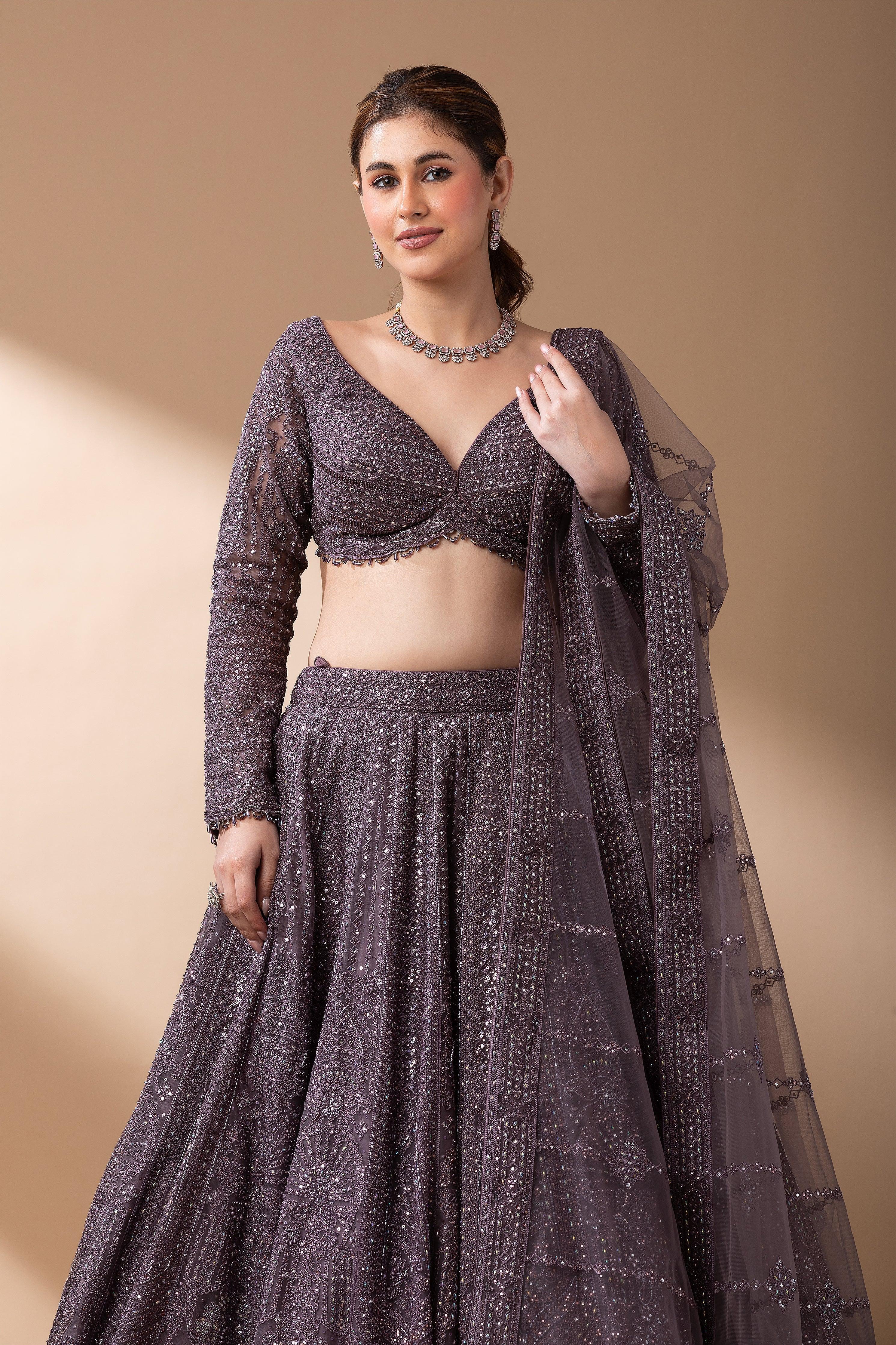 Smoky Mauve Net Lehenga Set - Mokshaa