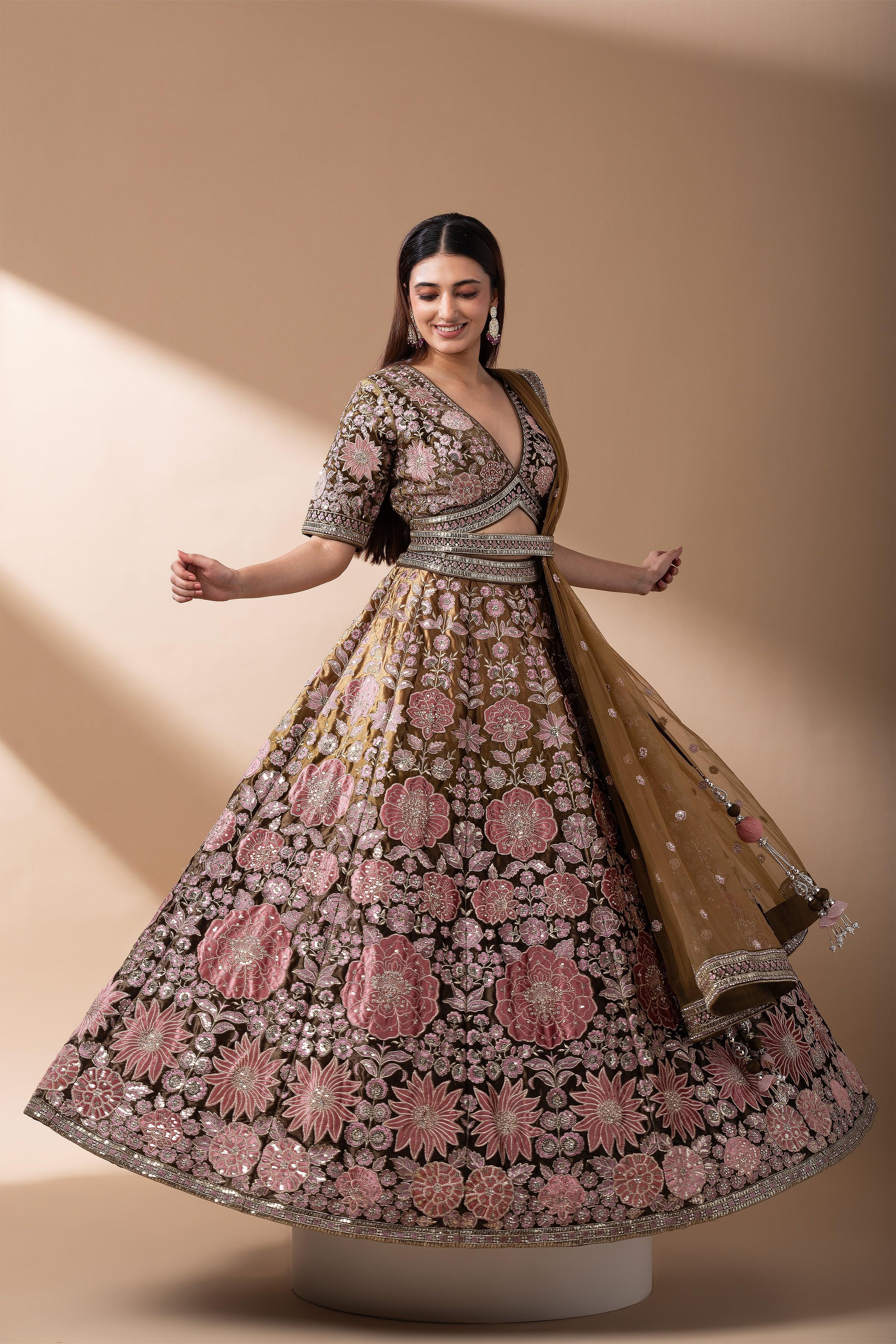 Deep brown Vintage Floral velvet Embroidered Lehenga set - Mokshaa
