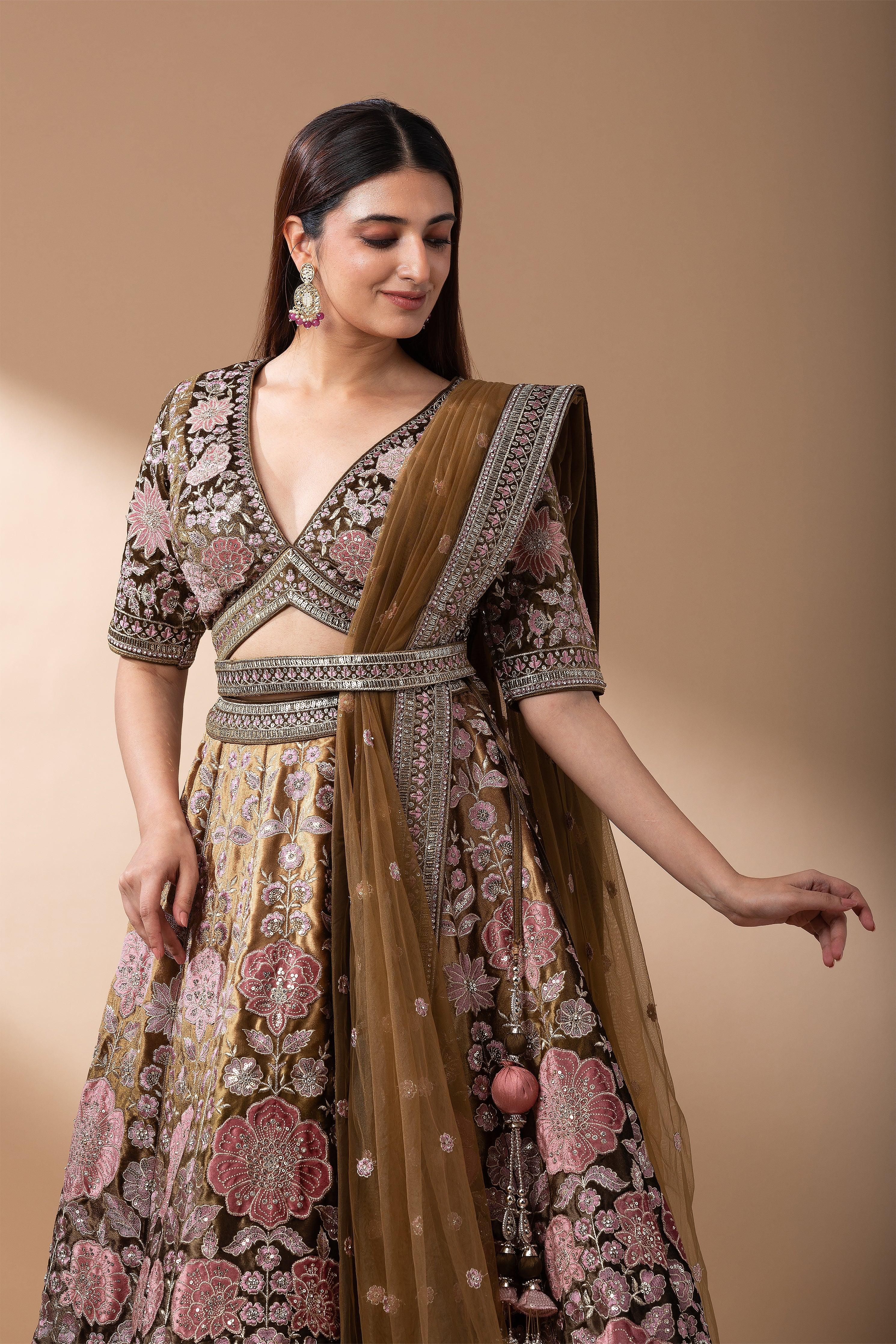 Deep brown Vintage Floral velvet Embroidered Lehenga set - Mokshaa