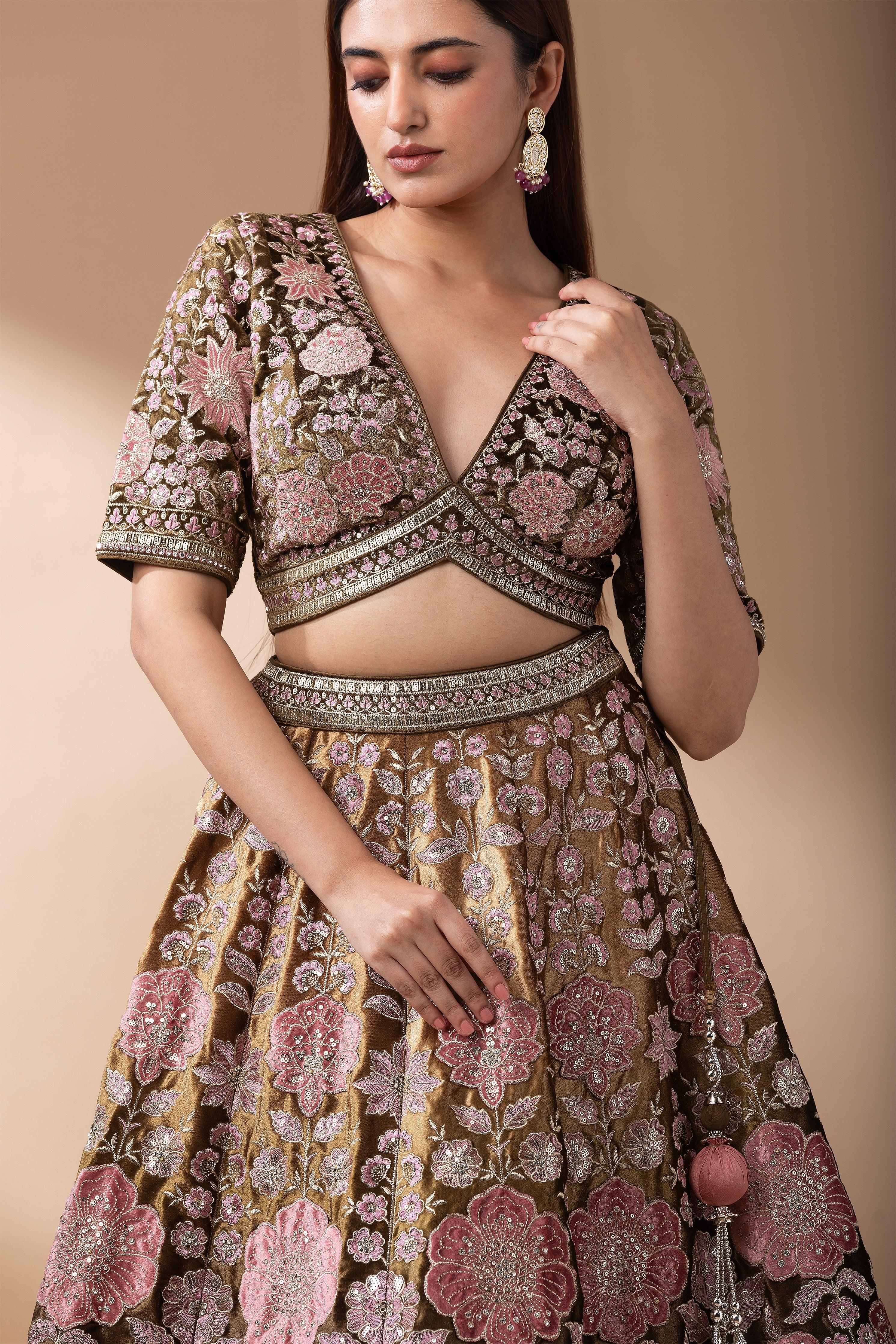 Deep brown Vintage Floral velvet Embroidered Lehenga set - Mokshaa