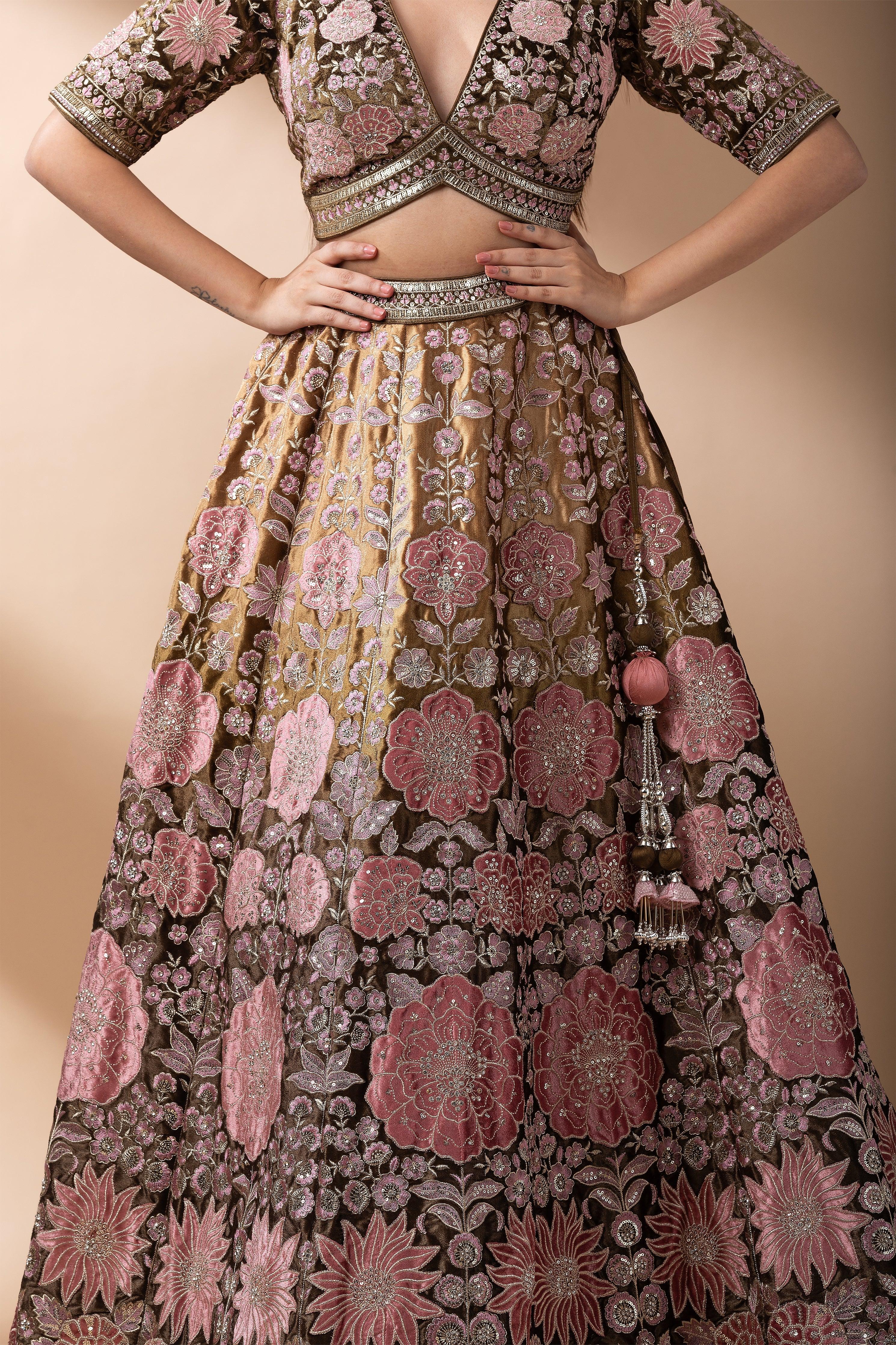 Deep brown Vintage Floral velvet Embroidered Lehenga set - Mokshaa
