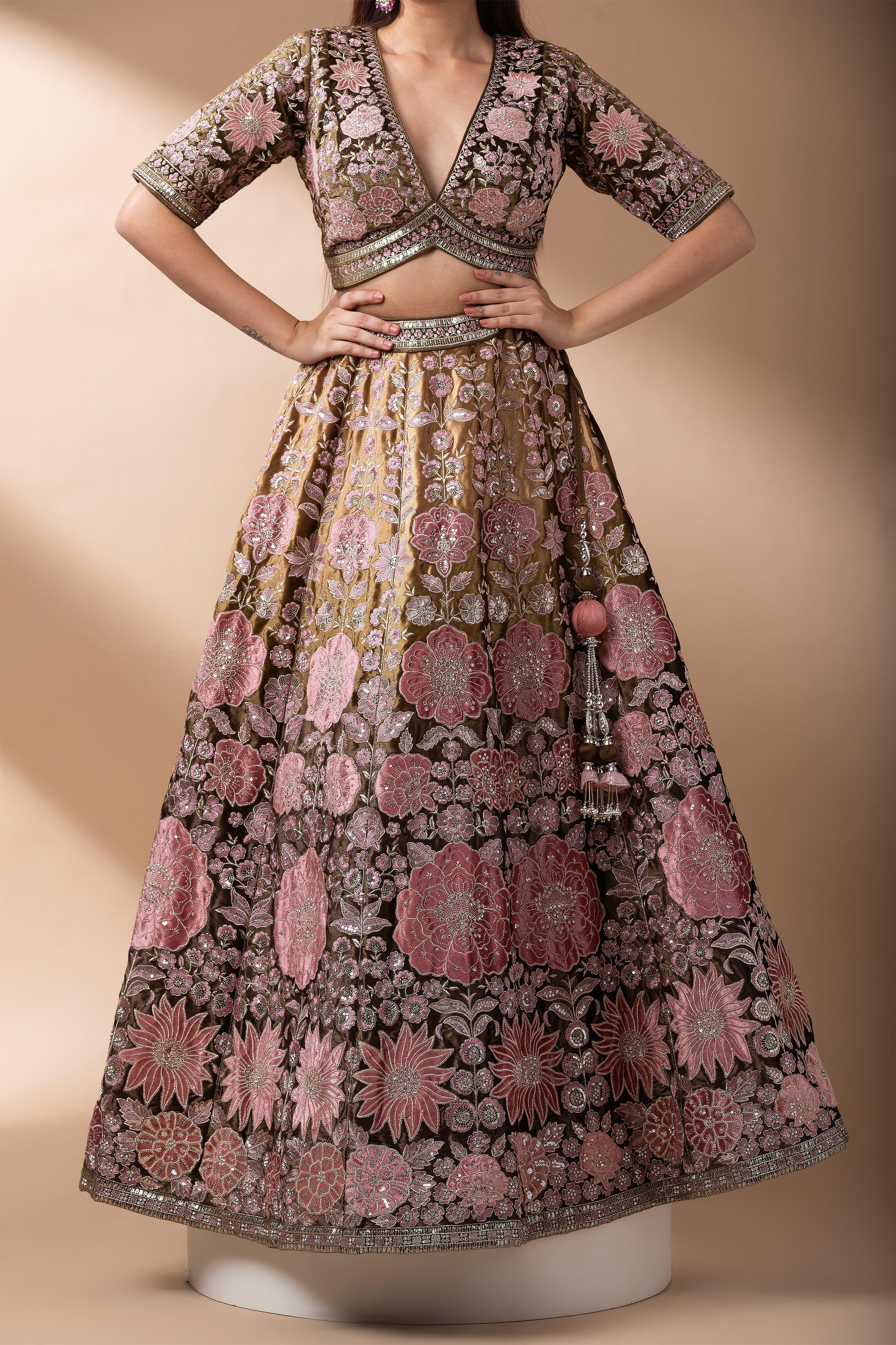 Deep brown Vintage Floral velvet Embroidered Lehenga set - Mokshaa