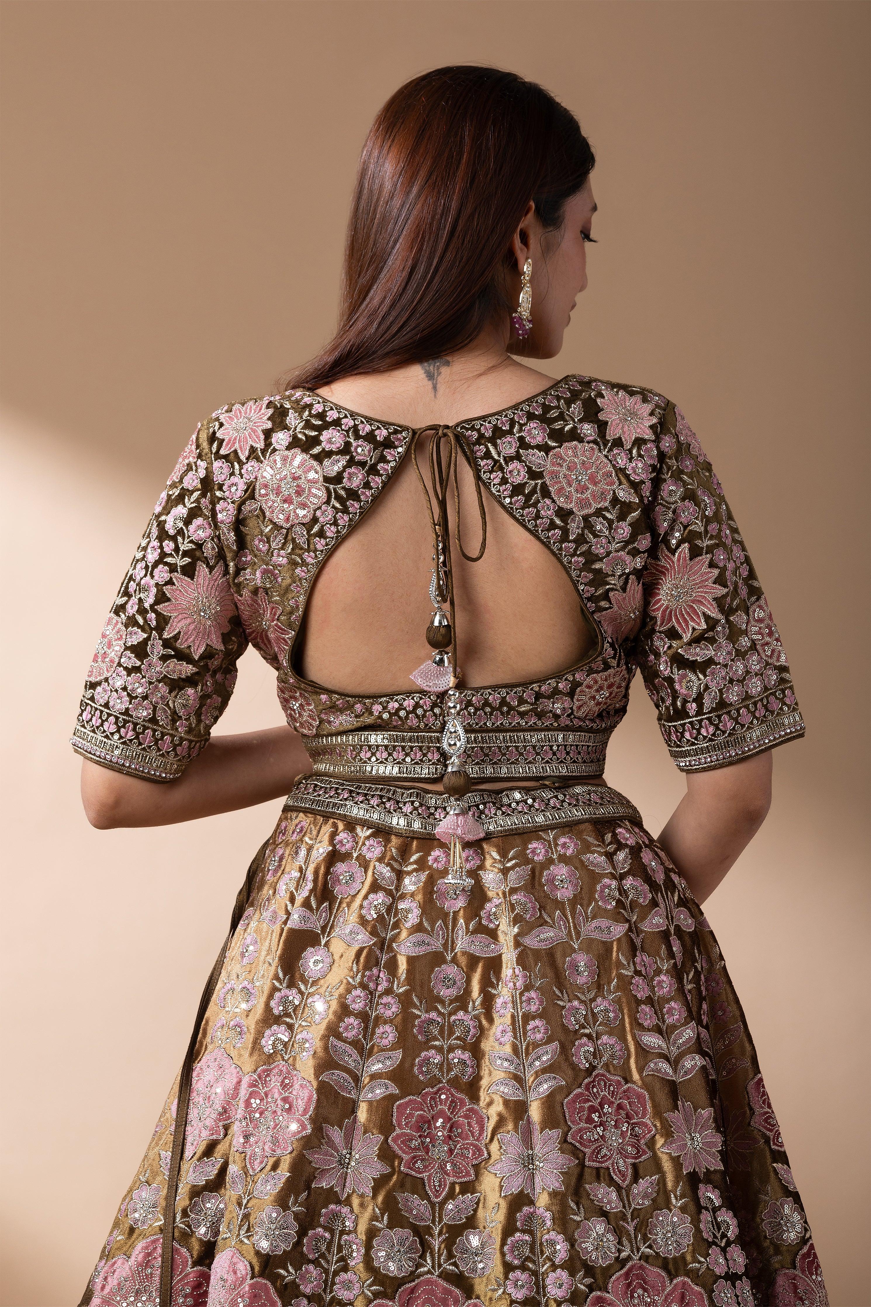 Deep brown Vintage Floral velvet Embroidered Lehenga set - Mokshaa