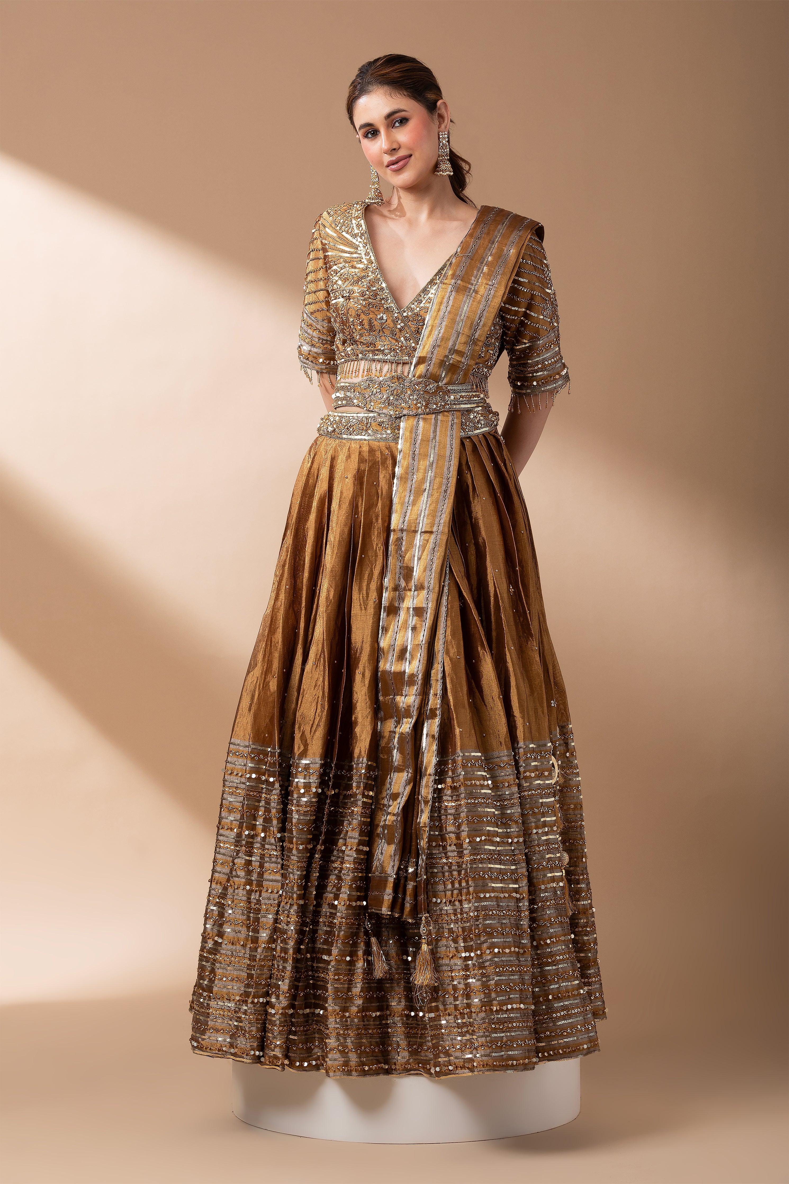 Antique Gold Mirror Work Lehenga Set - Mokshaa