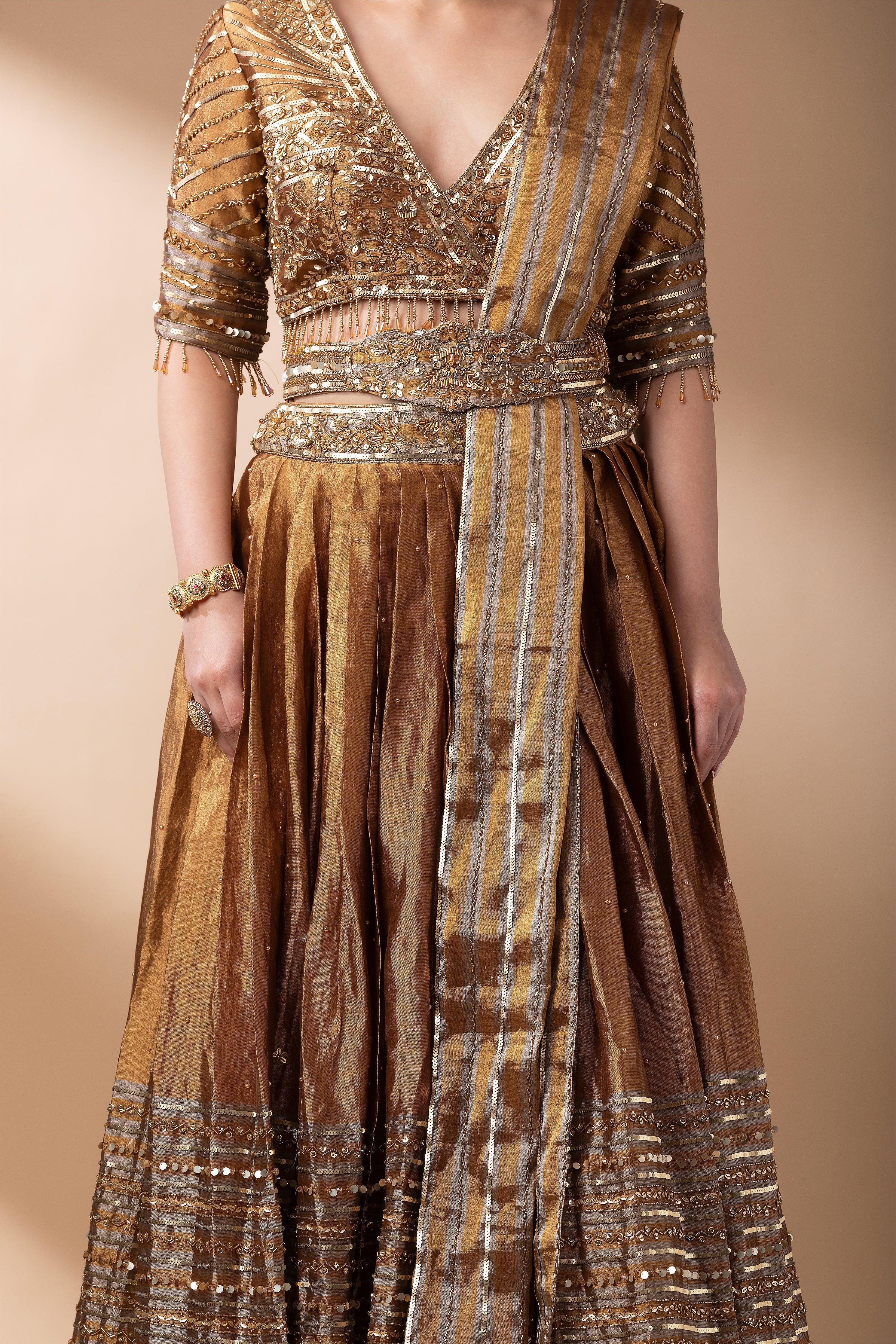 Antique Gold Mirror Work Lehenga Set - Mokshaa
