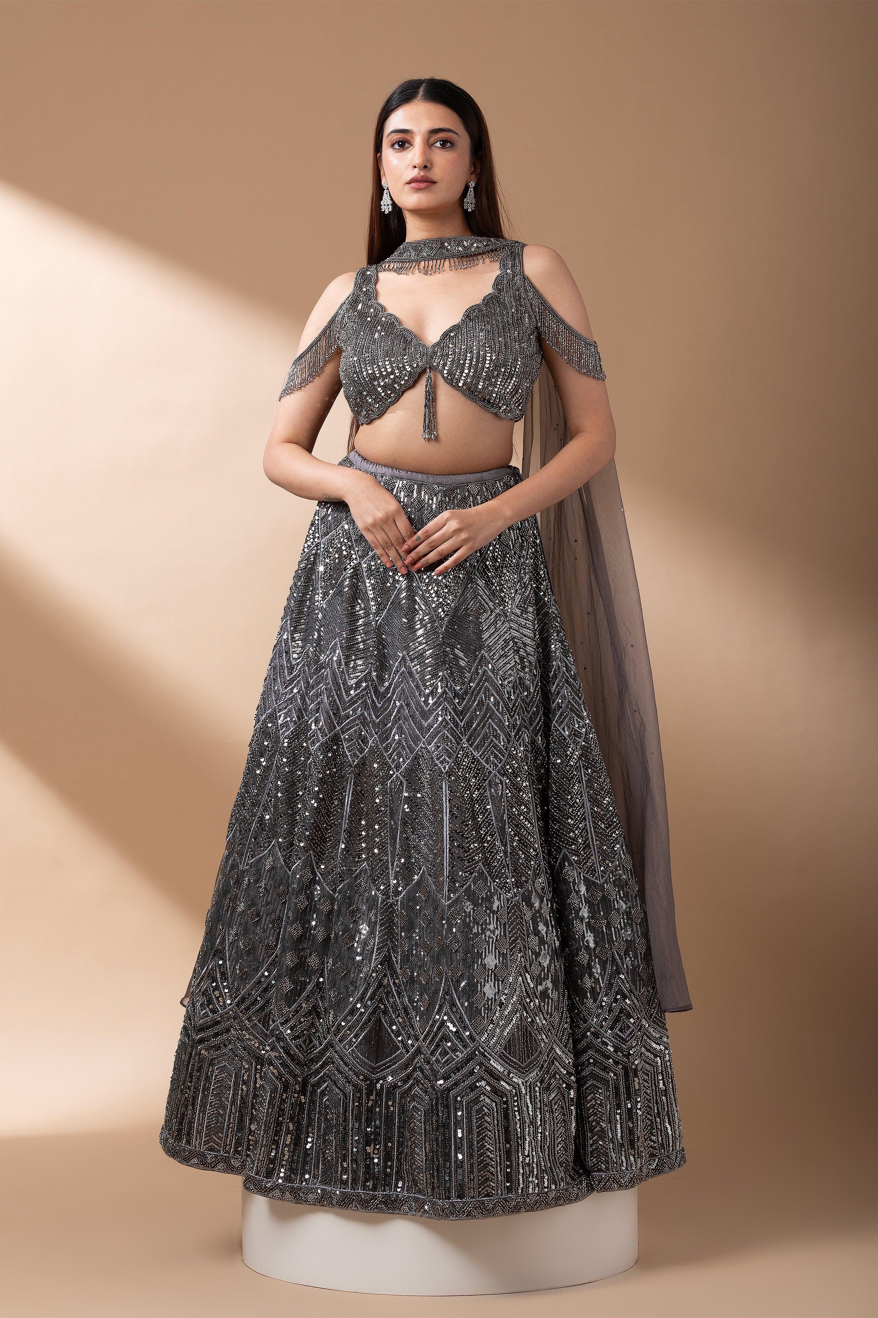 Midnight Grey Sequined Lehenga Set - Mokshaa