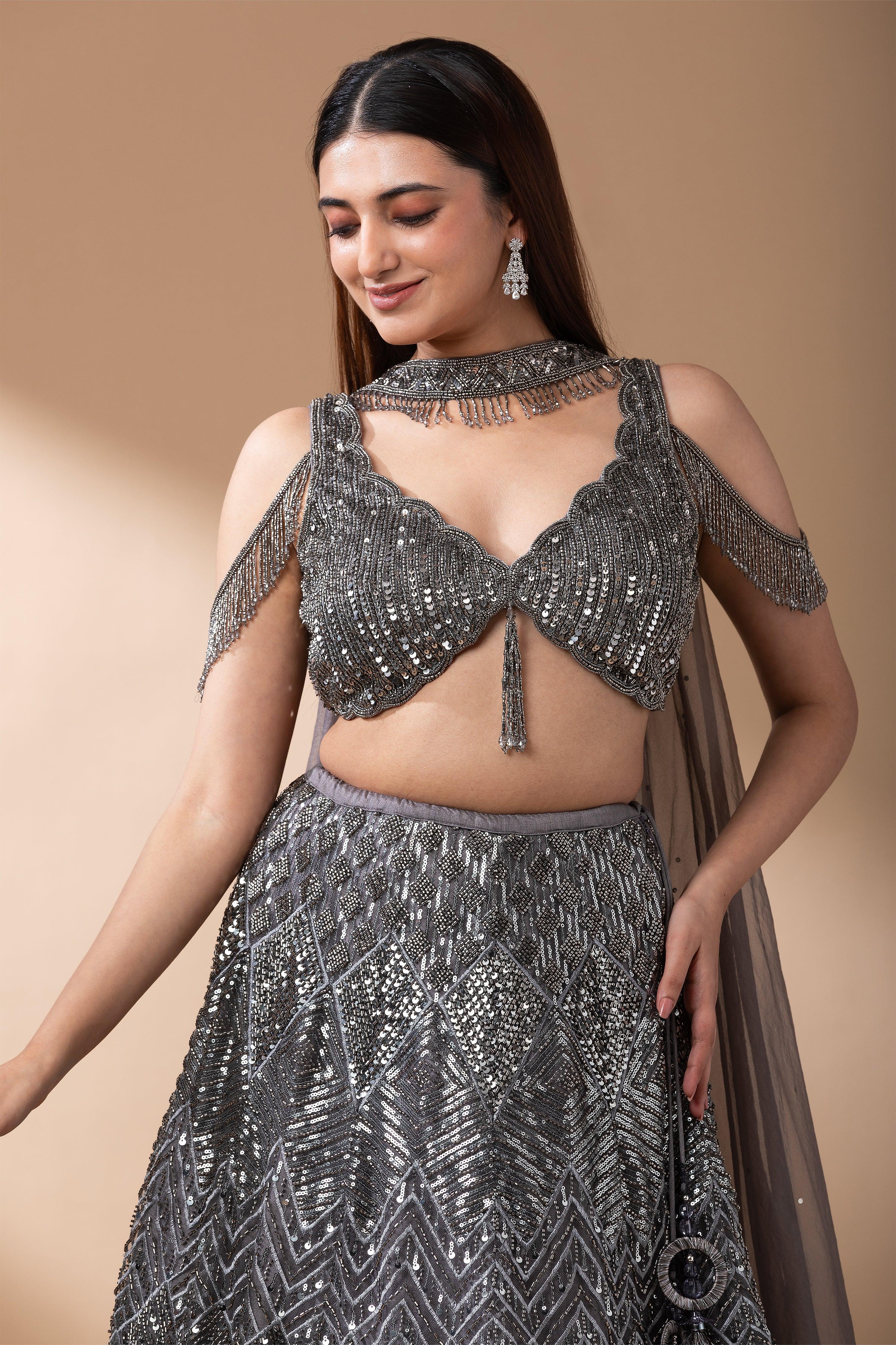 Midnight Grey Sequined Lehenga Set - Mokshaa