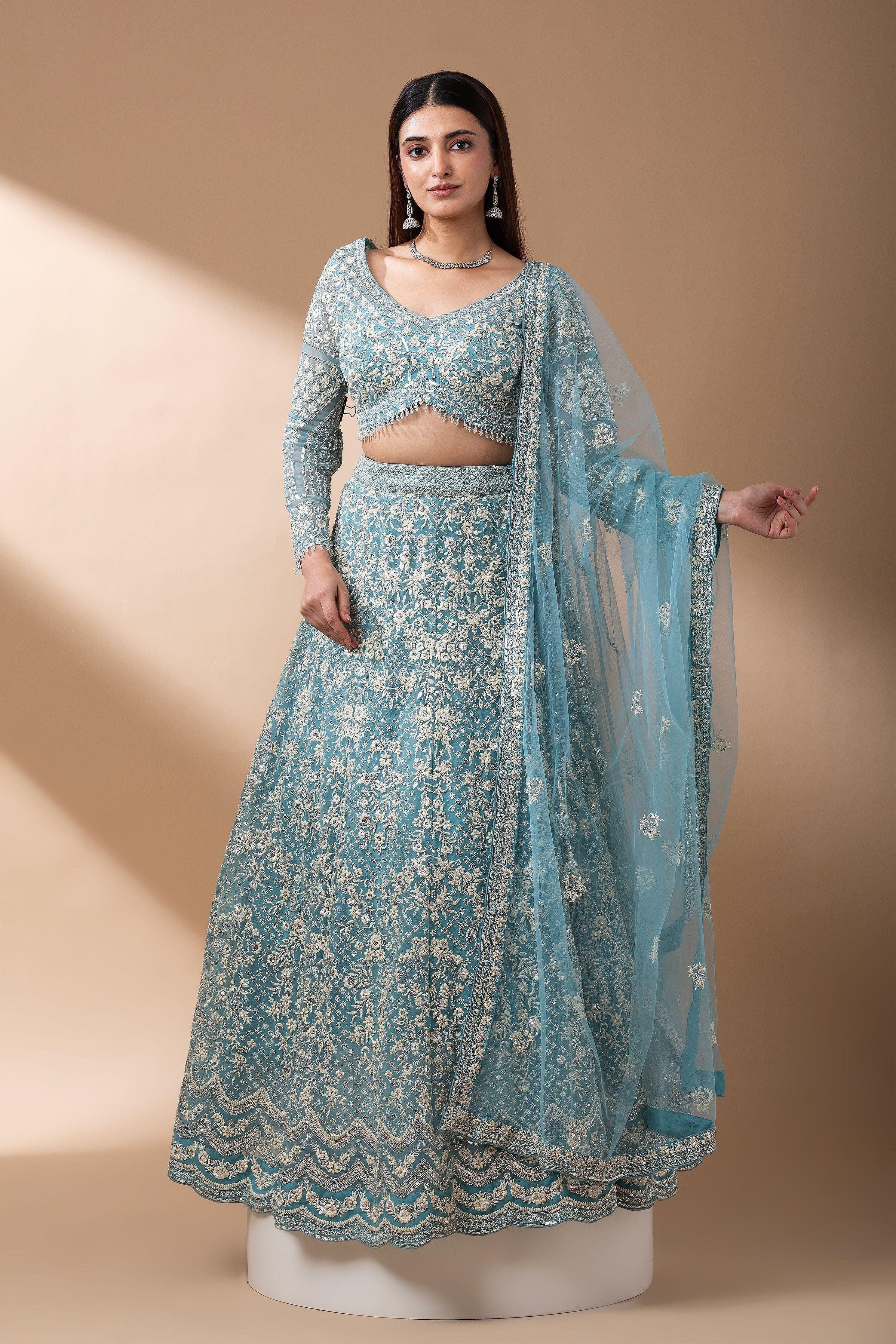 Aqua Blue Embroidered Net Lehenga Set - Mokshaa