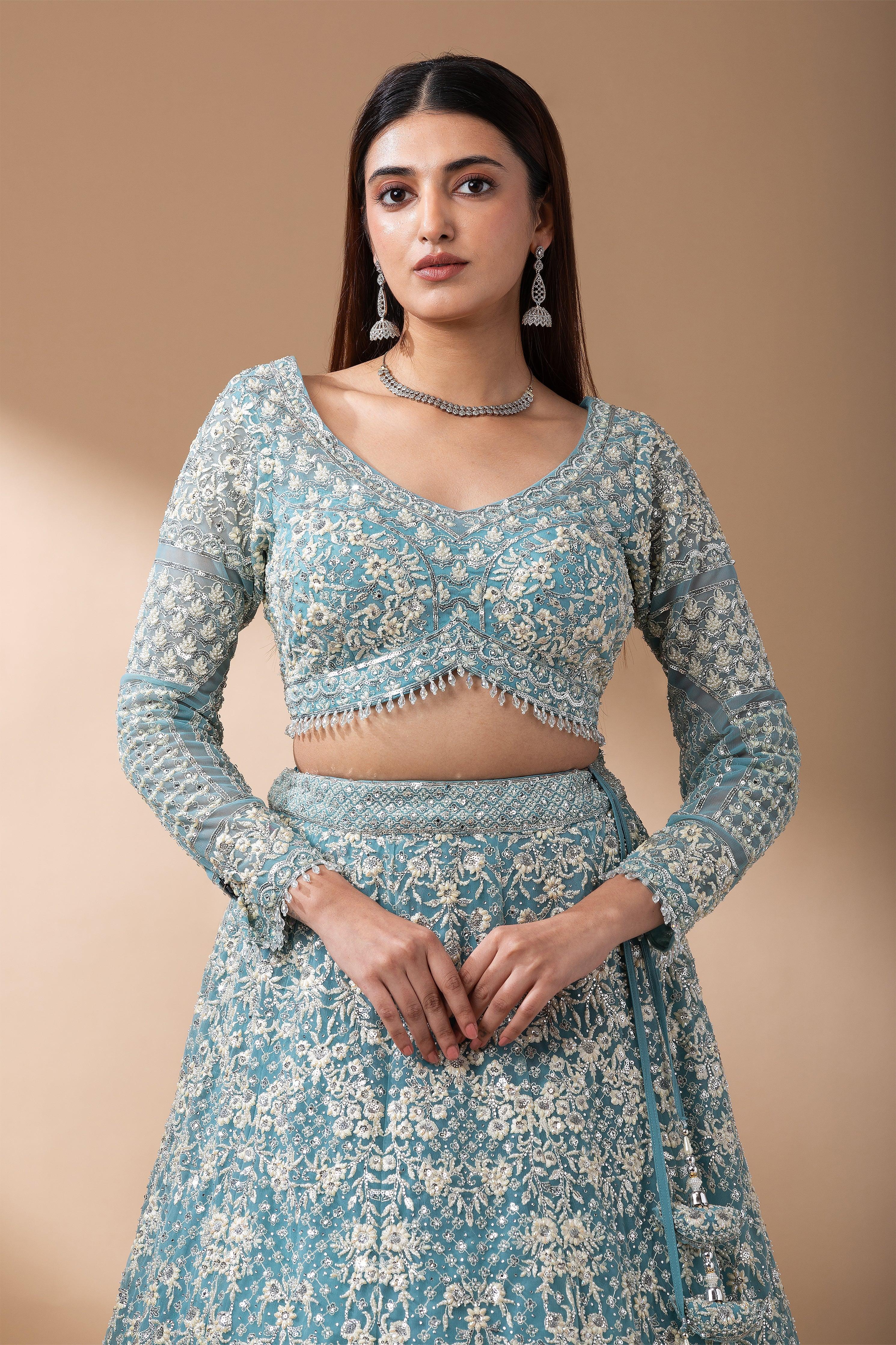 Aqua Blue Embroidered Net Lehenga Set - Mokshaa