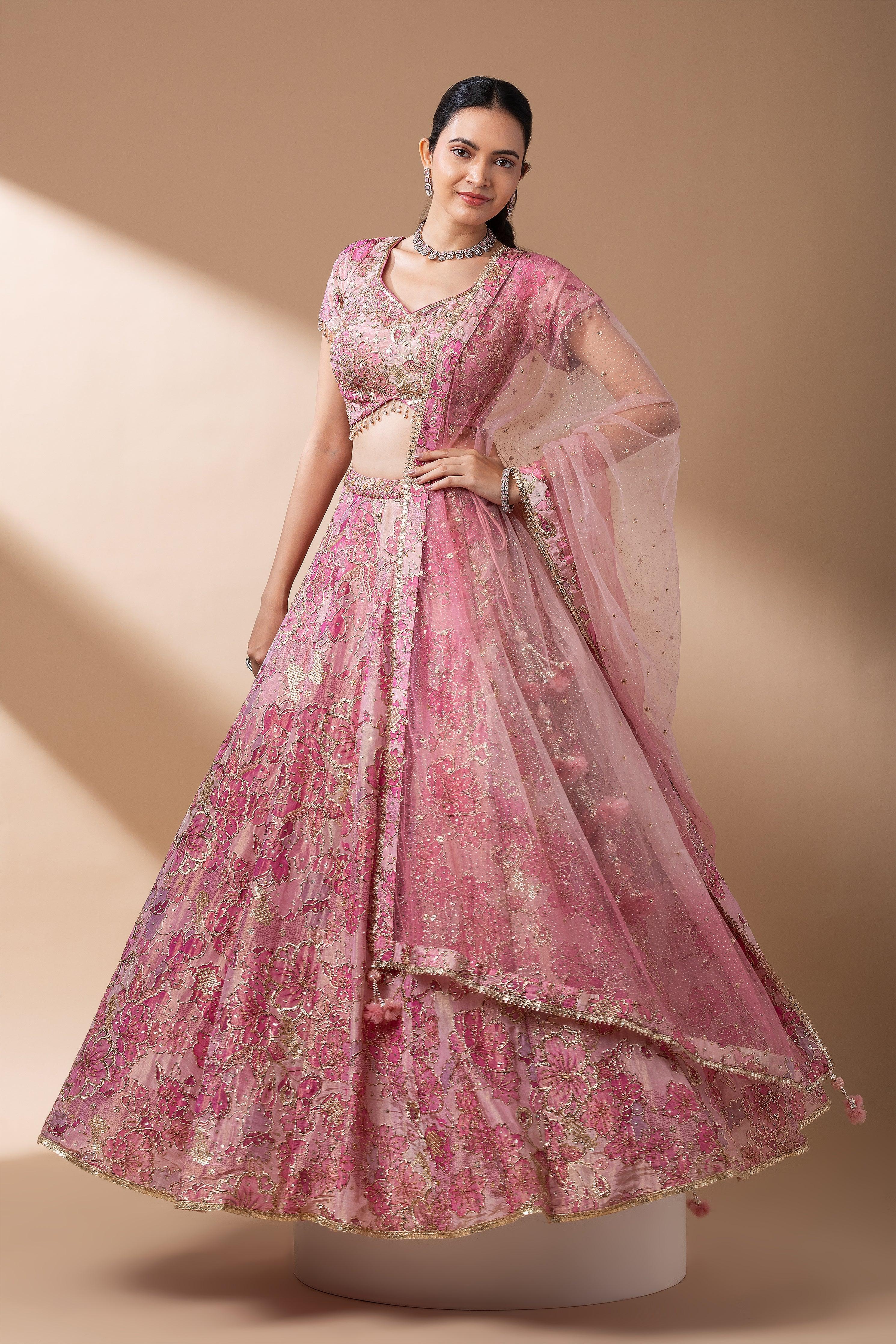 Blush Pink Floral Embroidered Lehenga Set - Mokshaa