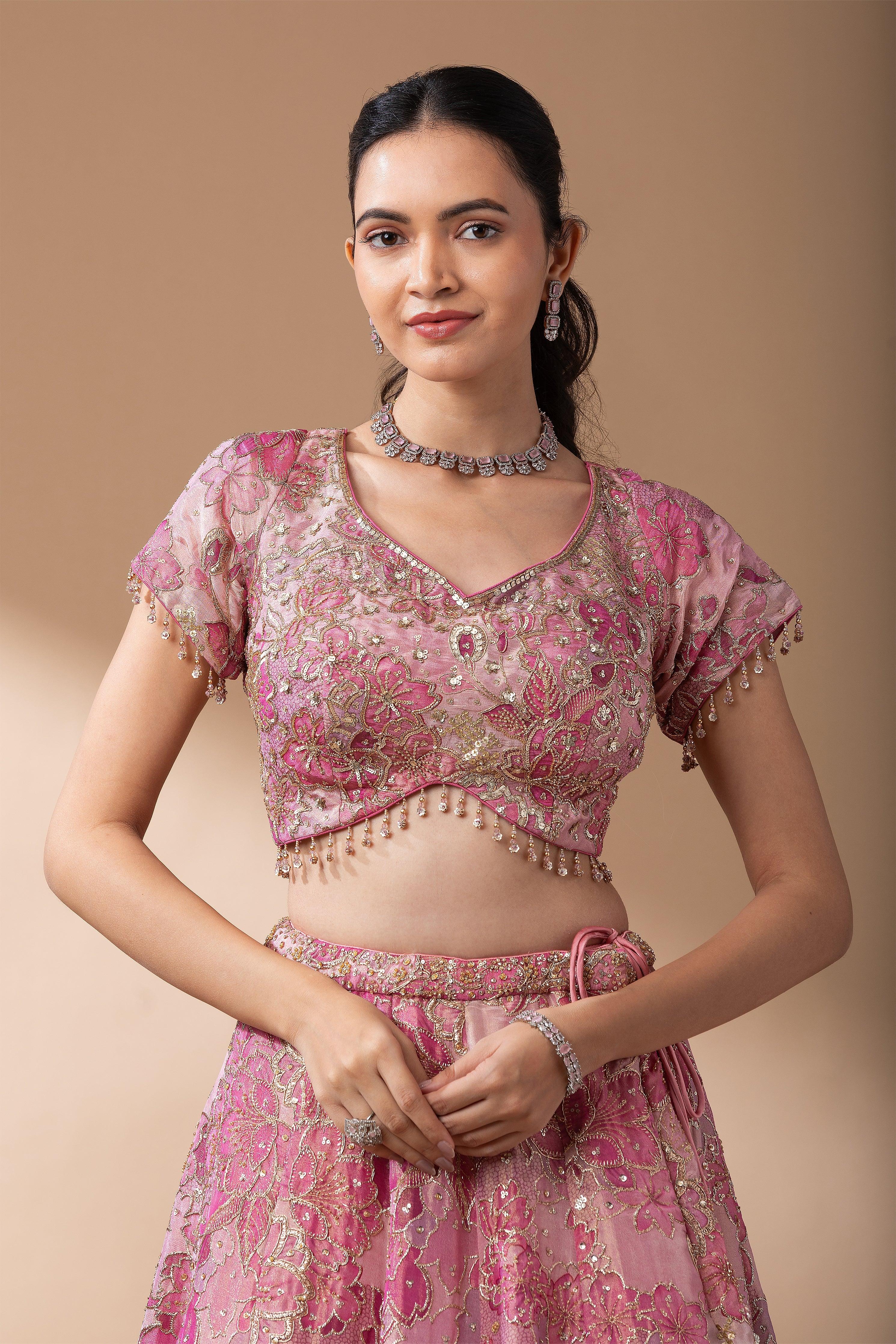 Blush Pink Floral Embroidered Lehenga Set - Mokshaa