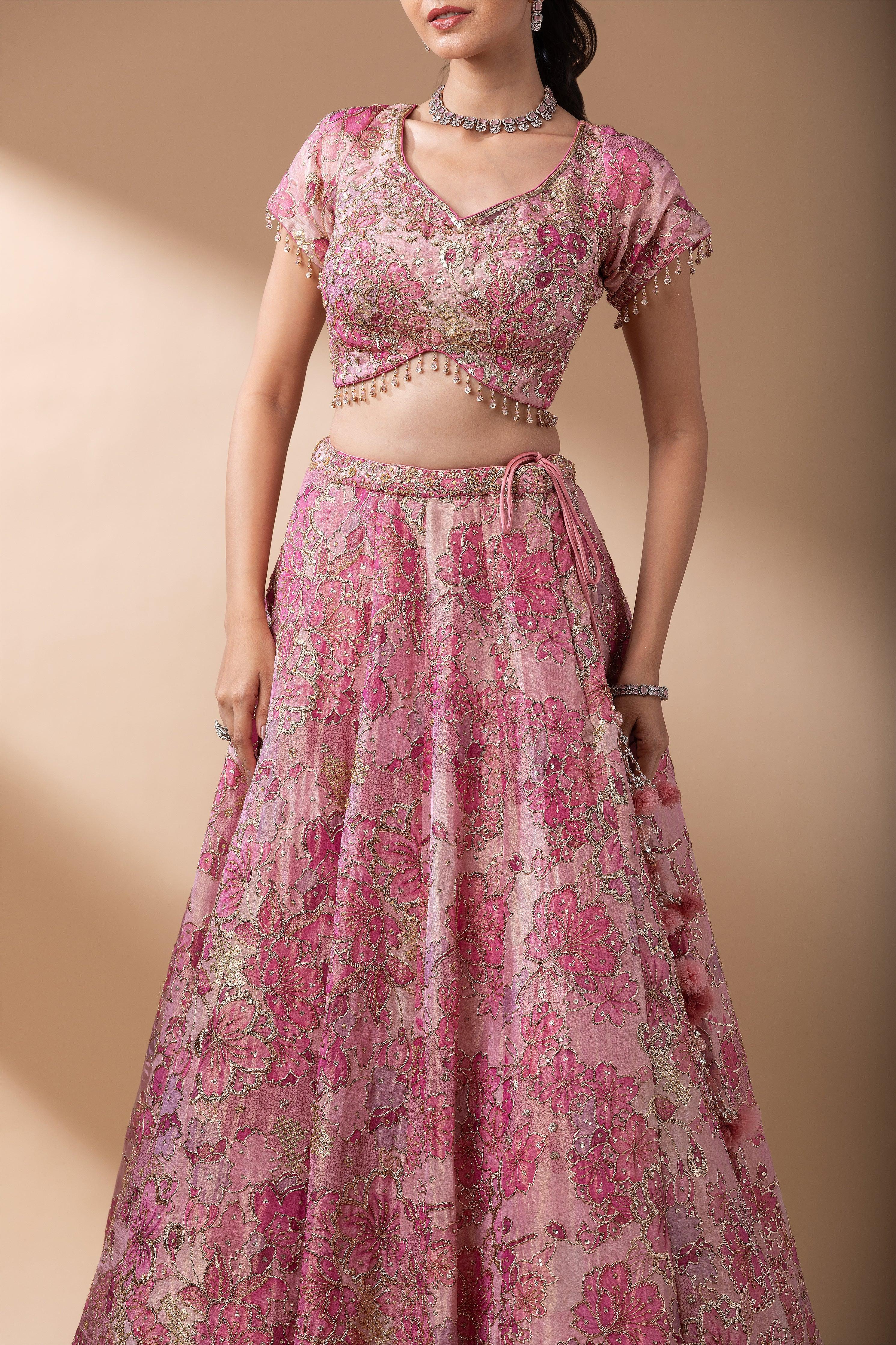 Blush Pink Floral Embroidered Lehenga Set - Mokshaa