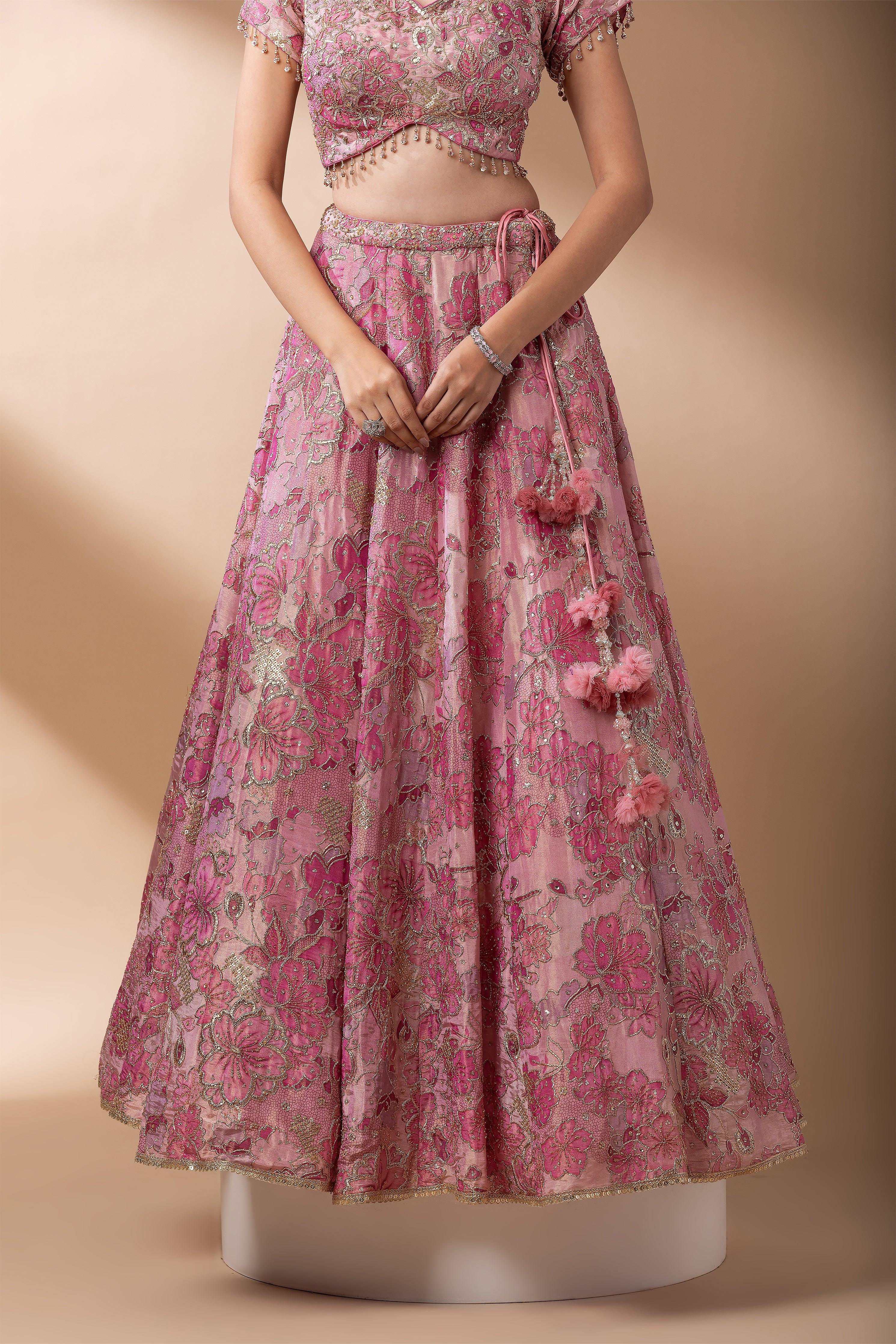 Blush Pink Floral Embroidered Lehenga Set - Mokshaa
