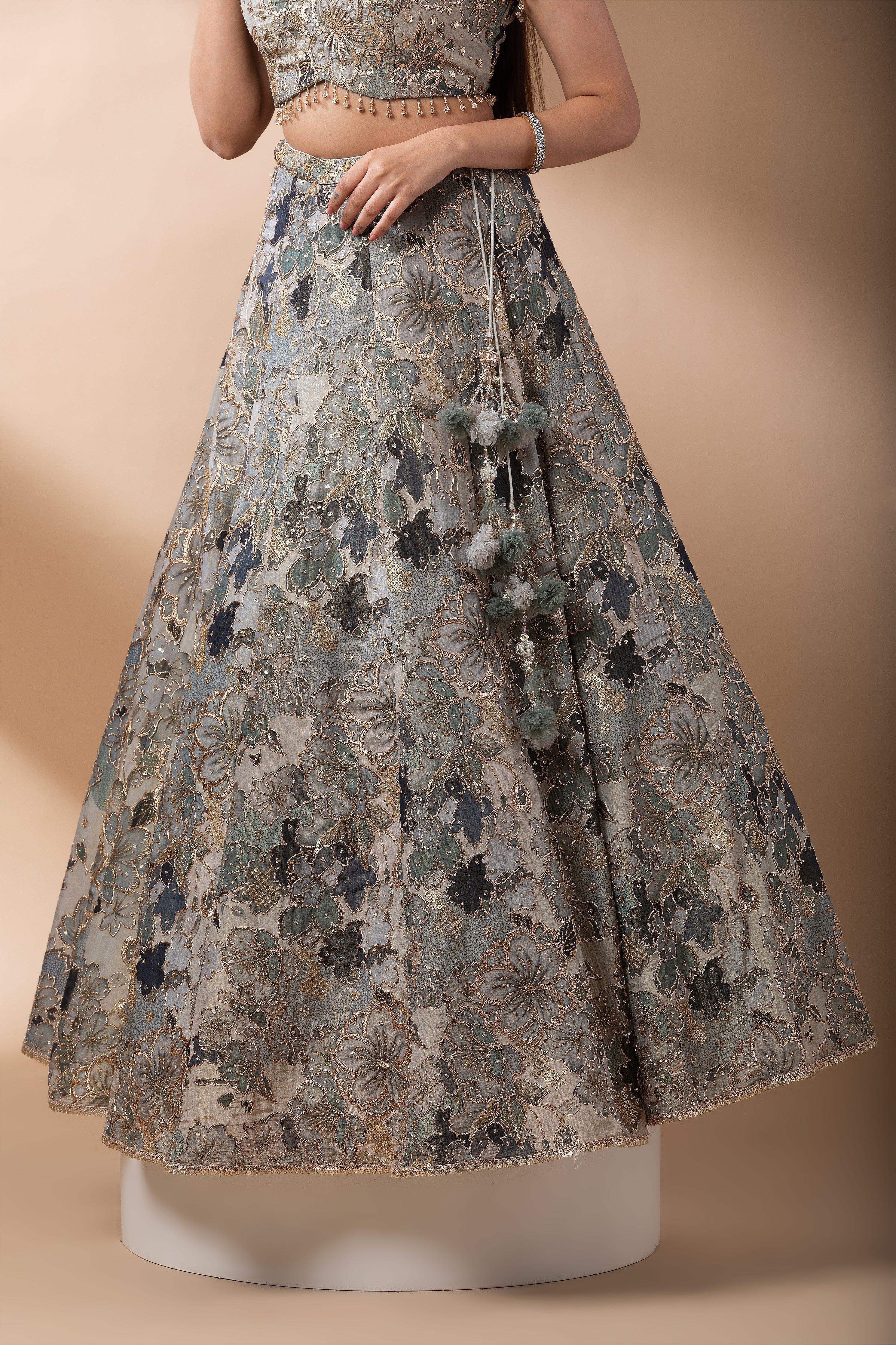 Sage Green Floral Embroidered Lehenga Set - Mokshaa