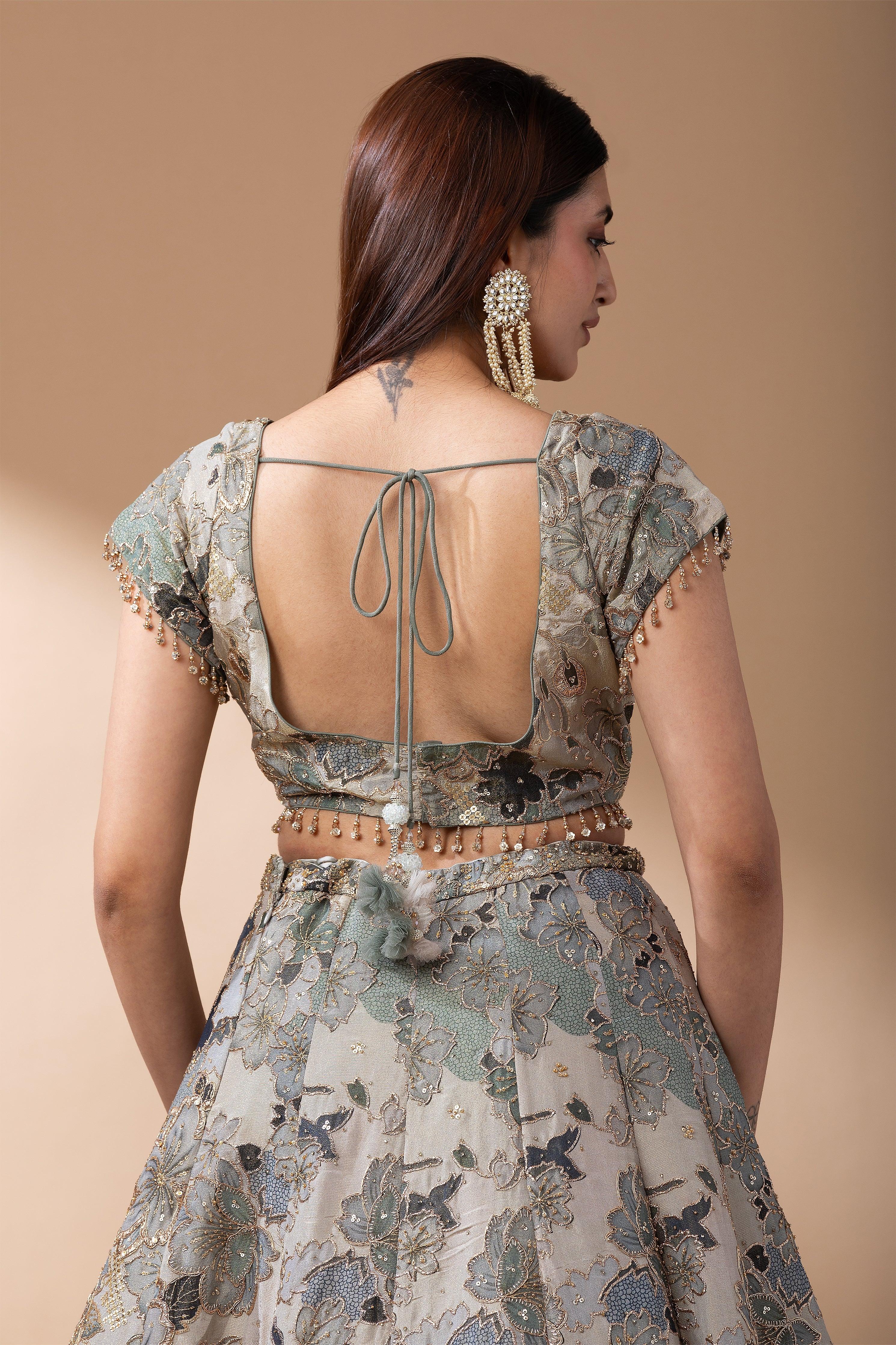 Sage Green Floral Embroidered Lehenga Set - Mokshaa