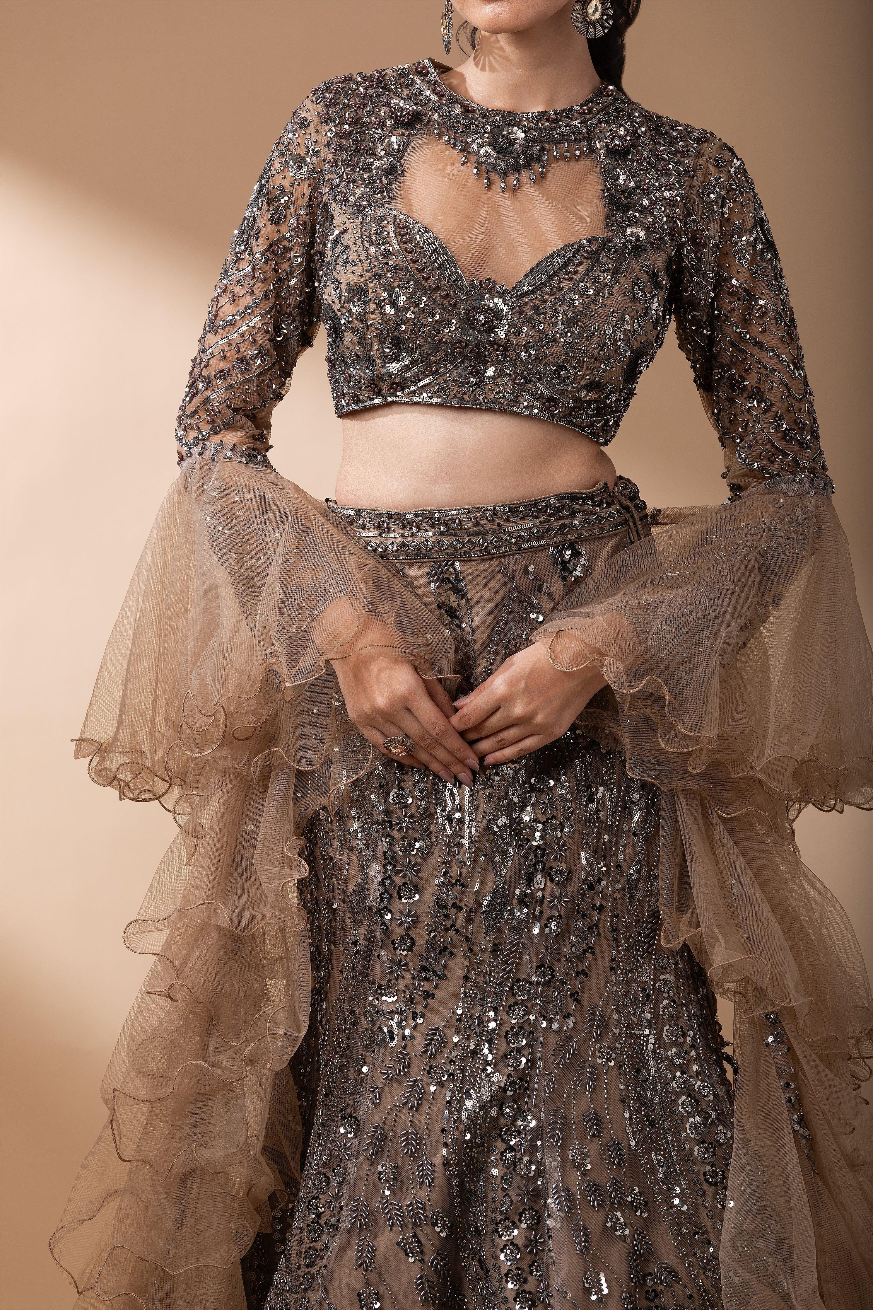 Smoky Bronze Sequined Mermaid Lehenga Set - Mokshaa