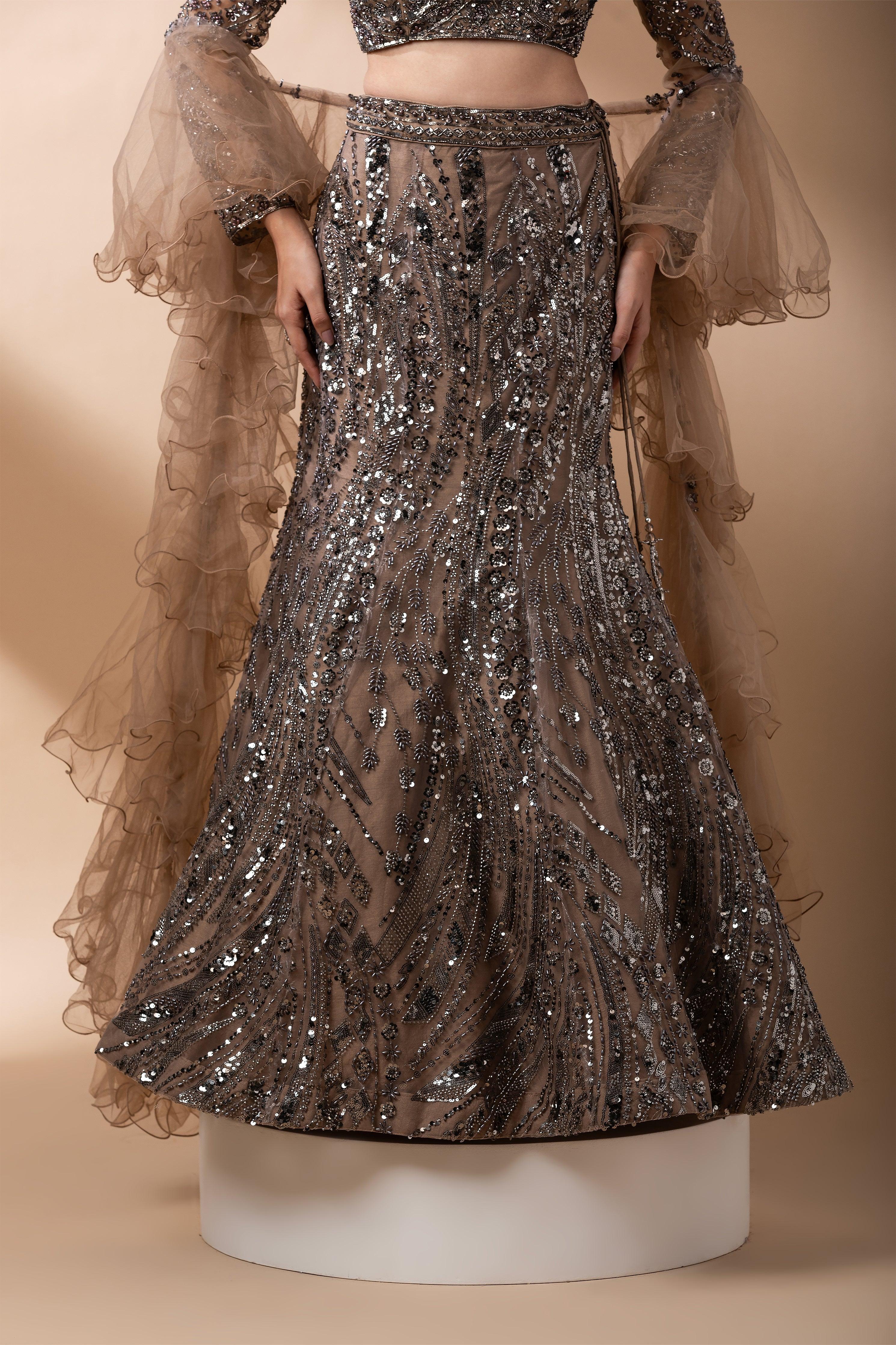 Smoky Bronze Sequined Mermaid Lehenga Set - Mokshaa