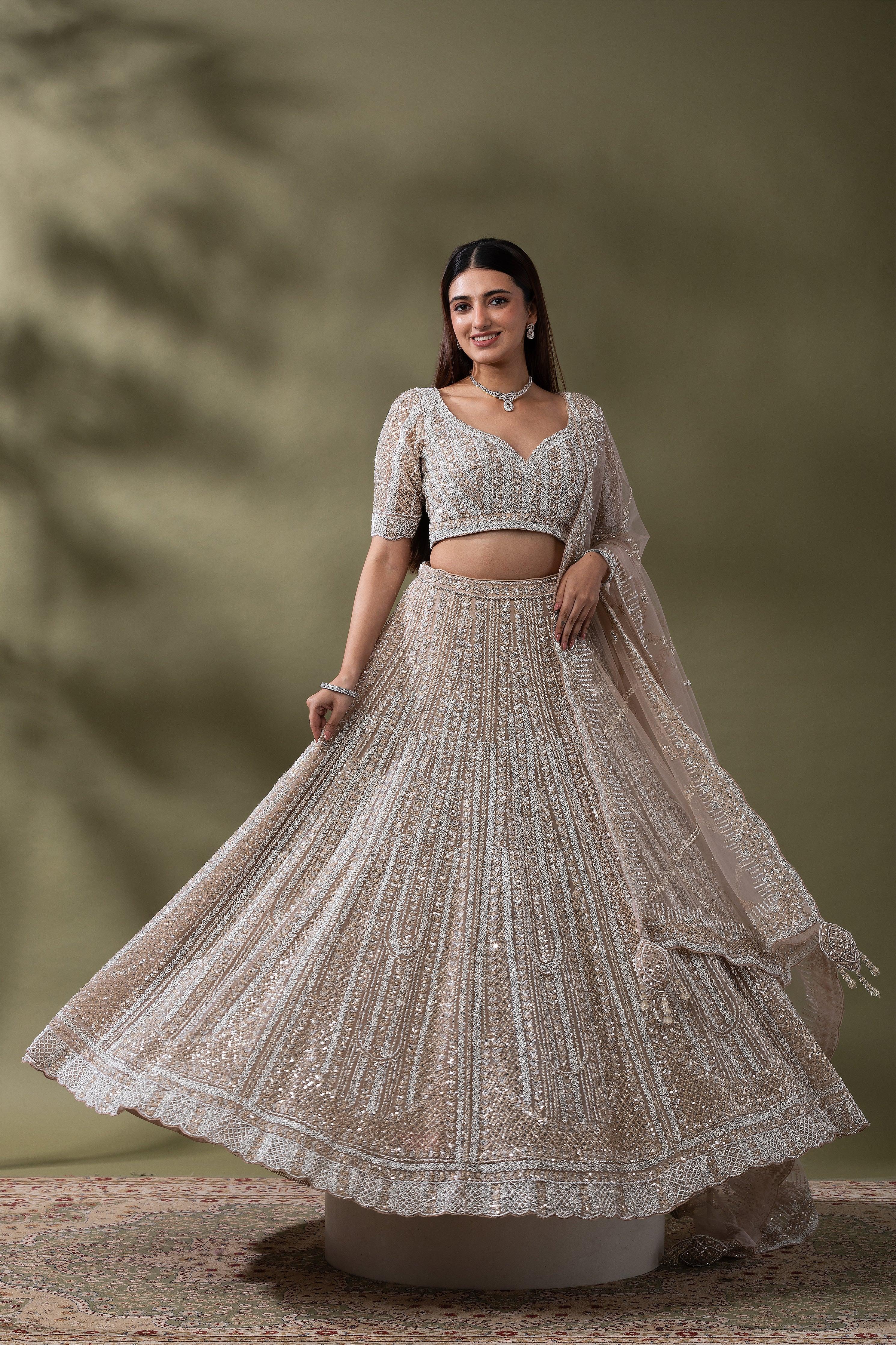 Ivory Sequined Embroidered Lehenga Set - Mokshaa