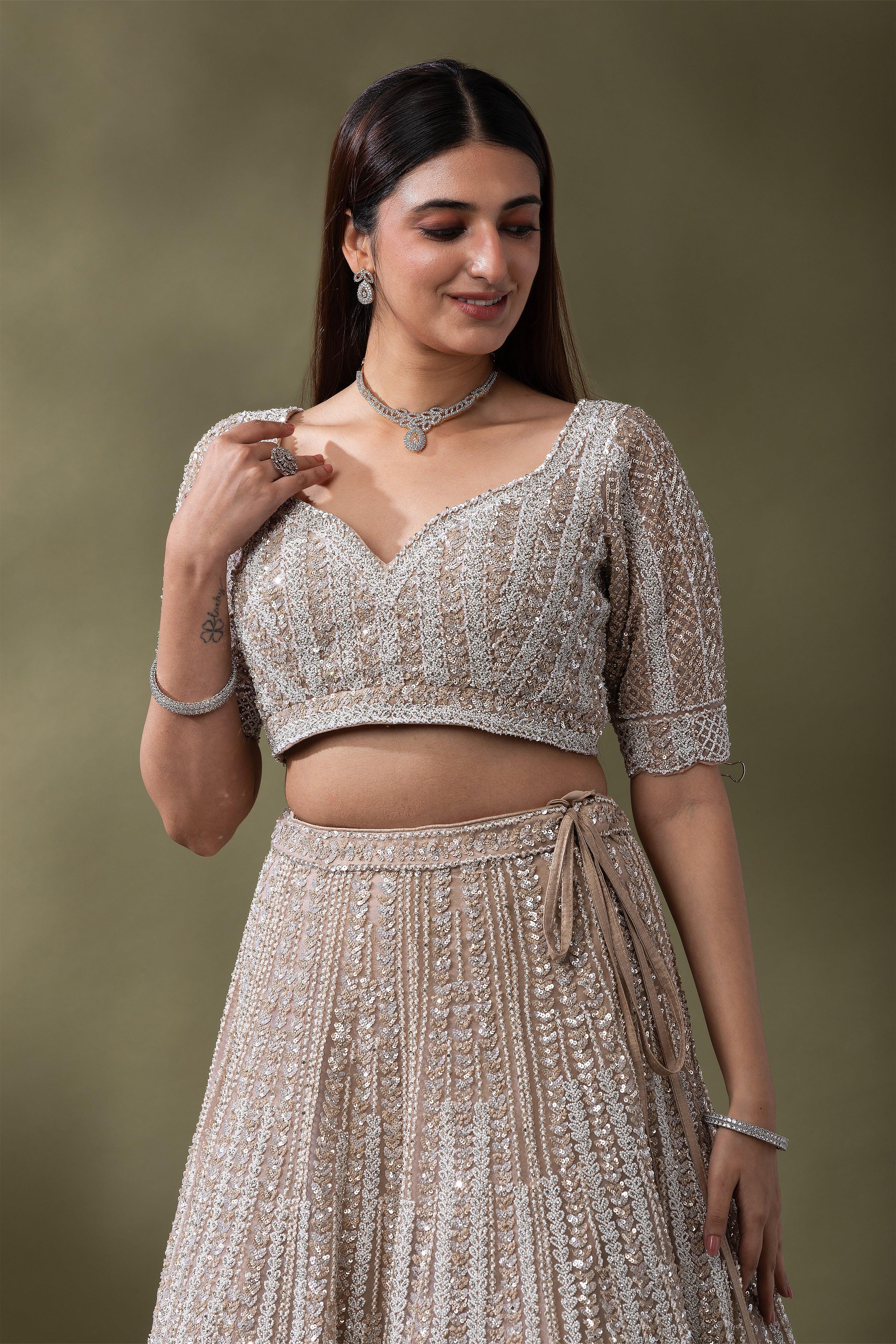 Ivory Sequined Embroidered Lehenga Set - Mokshaa