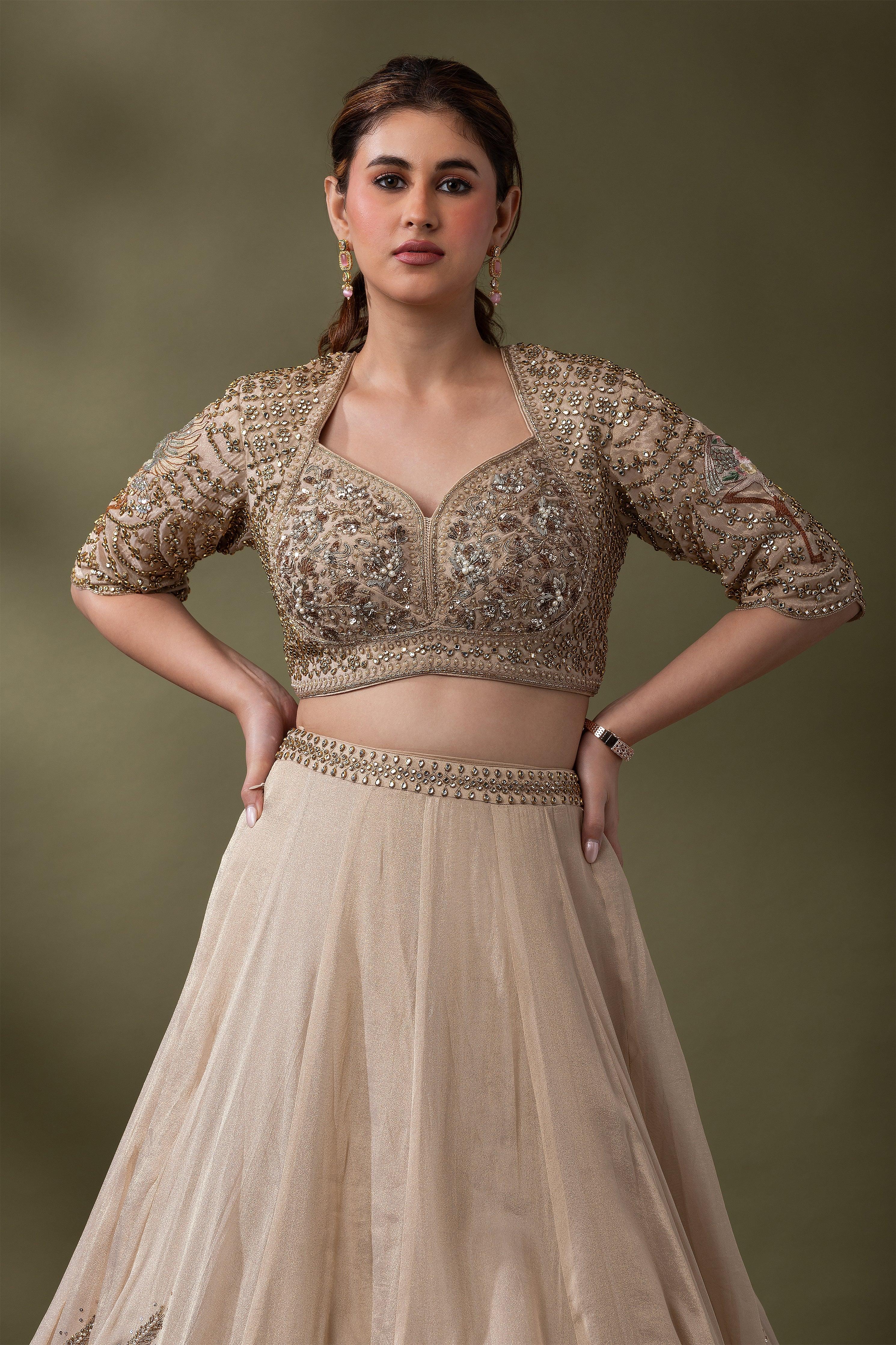 Champagne Gold Embroidered Lehenga Set - Mokshaa