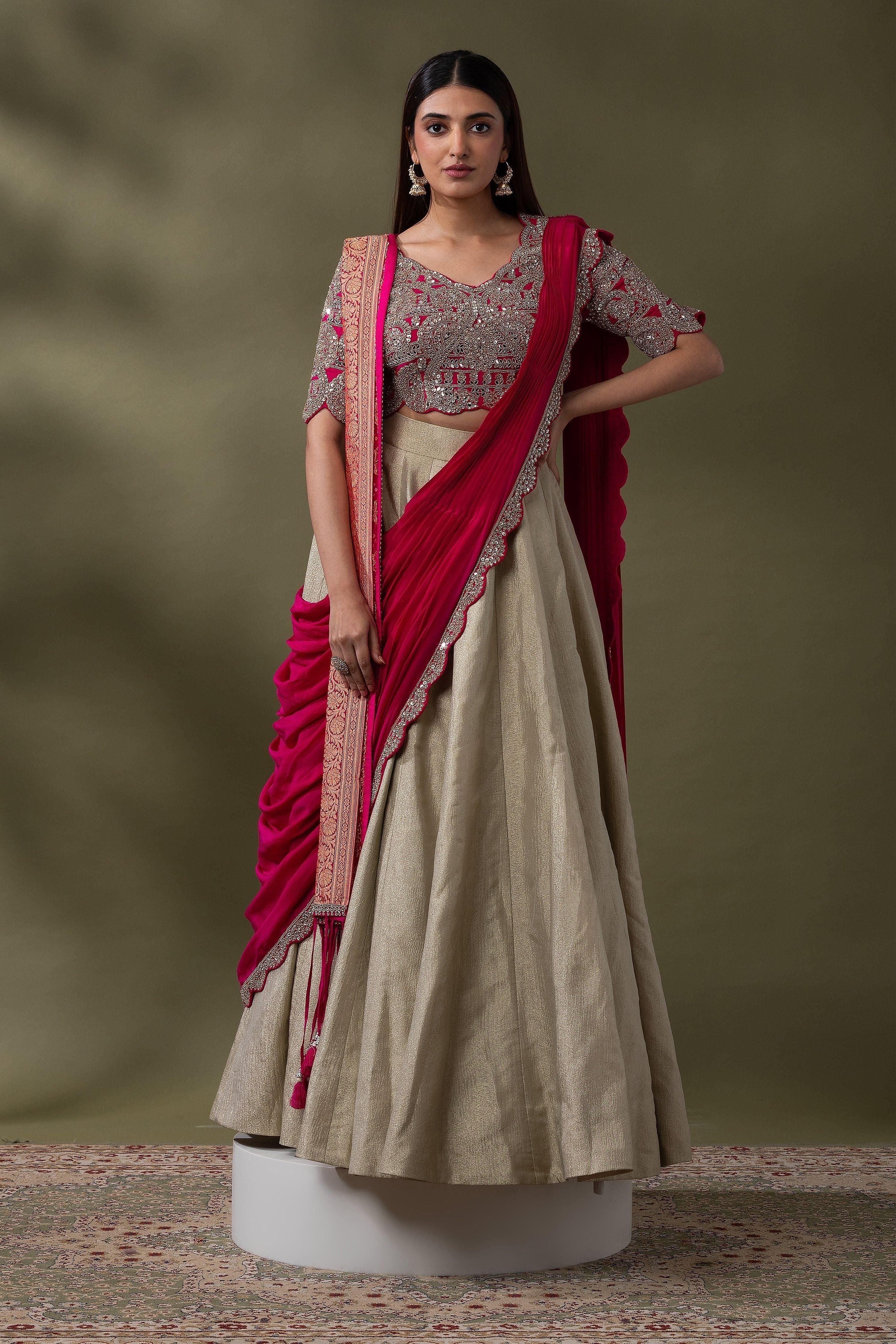 Beige and Fuchsia double drape Lehenga Set - Mokshaa
