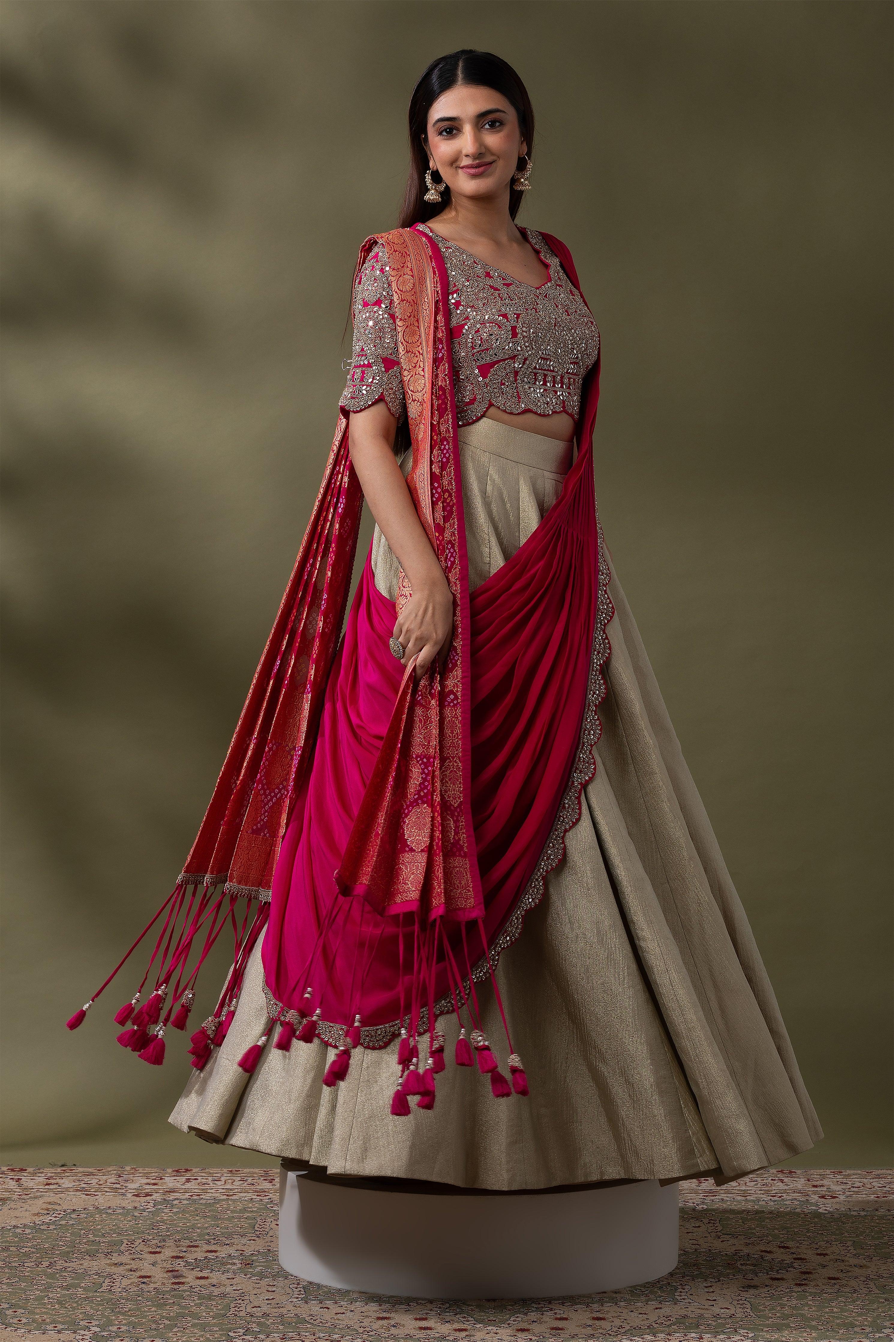 Beige and Fuchsia double drape Lehenga Set - Mokshaa