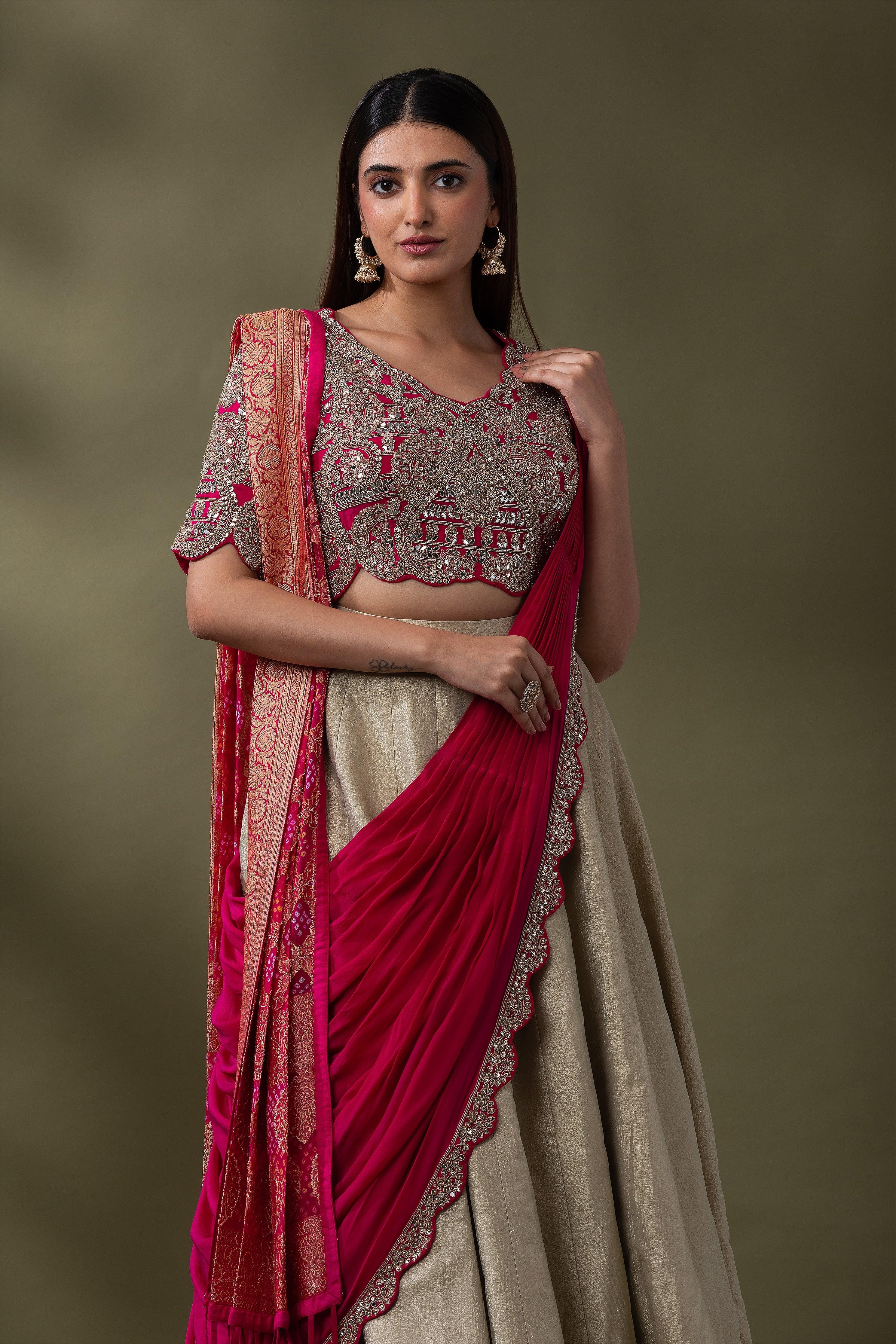 Beige and Fuchsia double drape Lehenga Set - Mokshaa