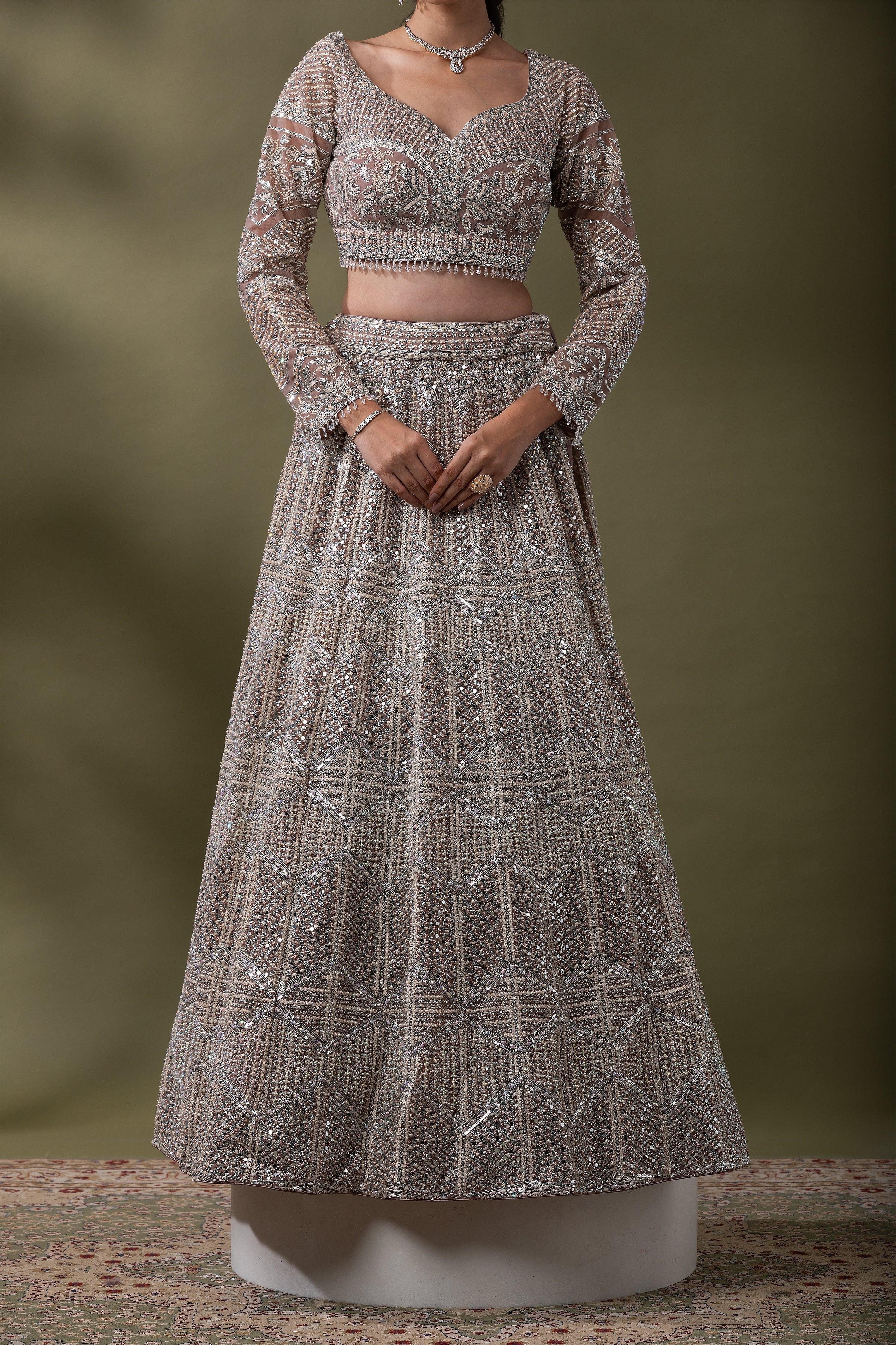 Dusty Rose Sequined Embroidered Lehenga Set - Mokshaa