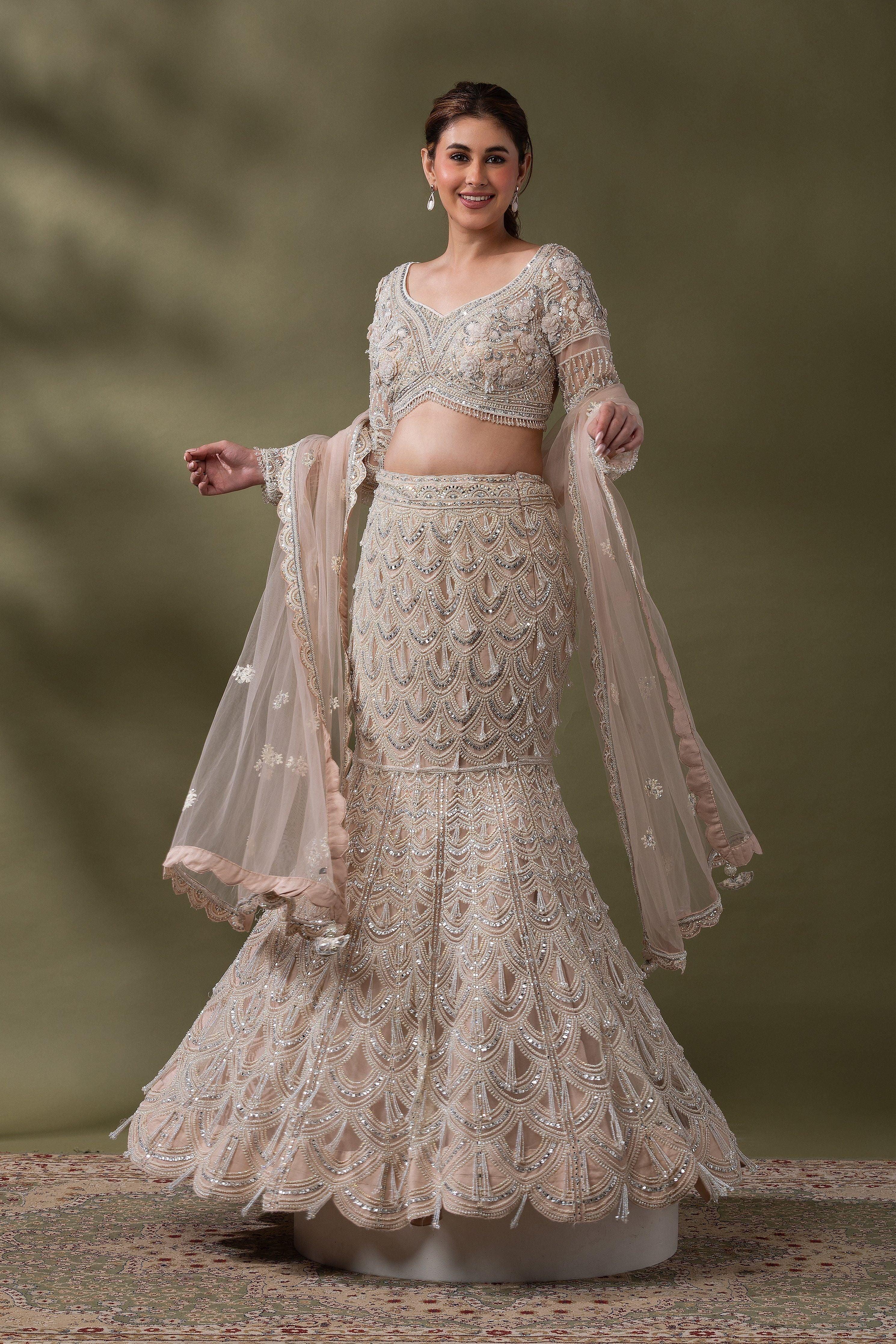 Champagne Embroidered Mermaid Lehenga Set - Mokshaa