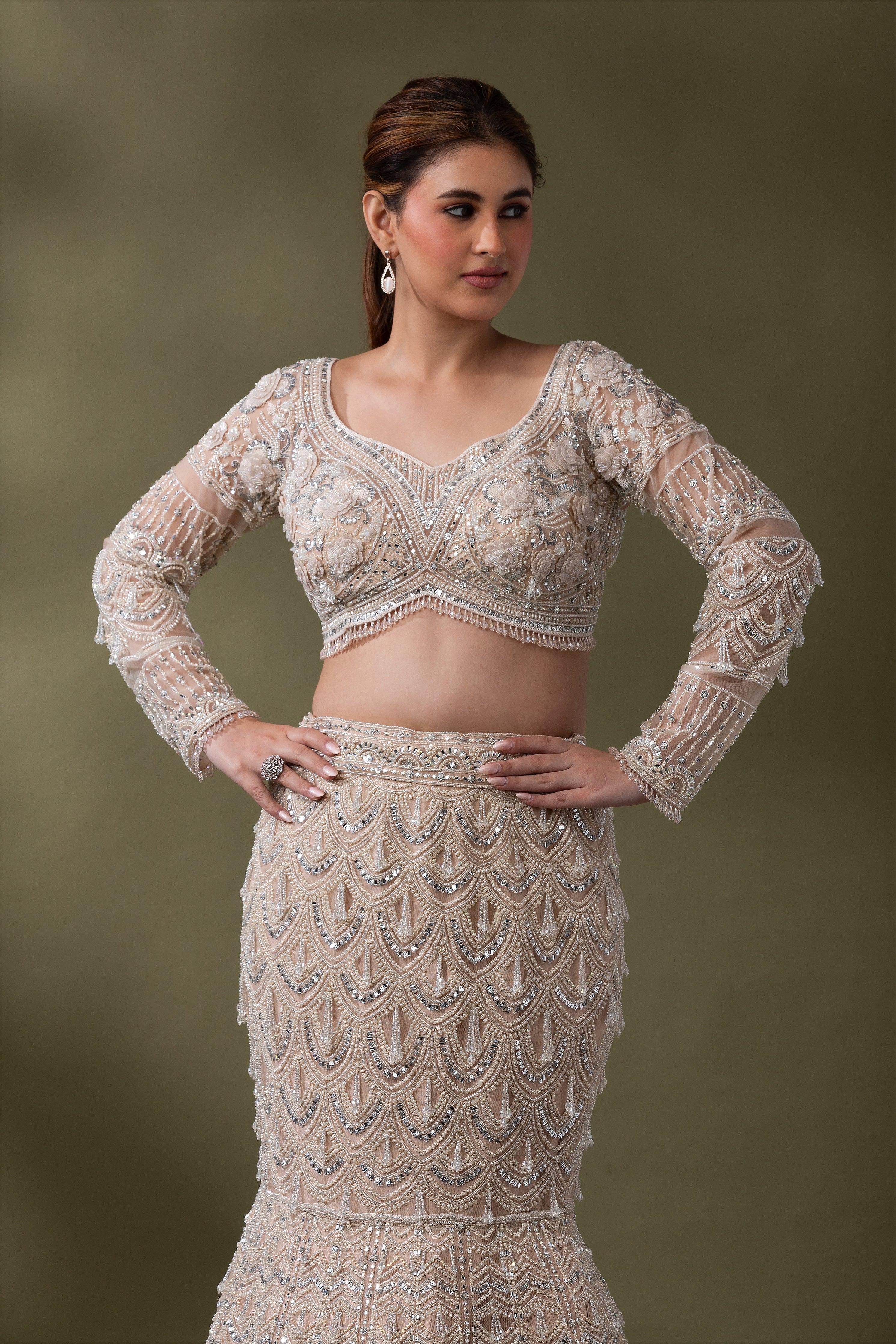 Champagne Embroidered Mermaid Lehenga Set - Mokshaa