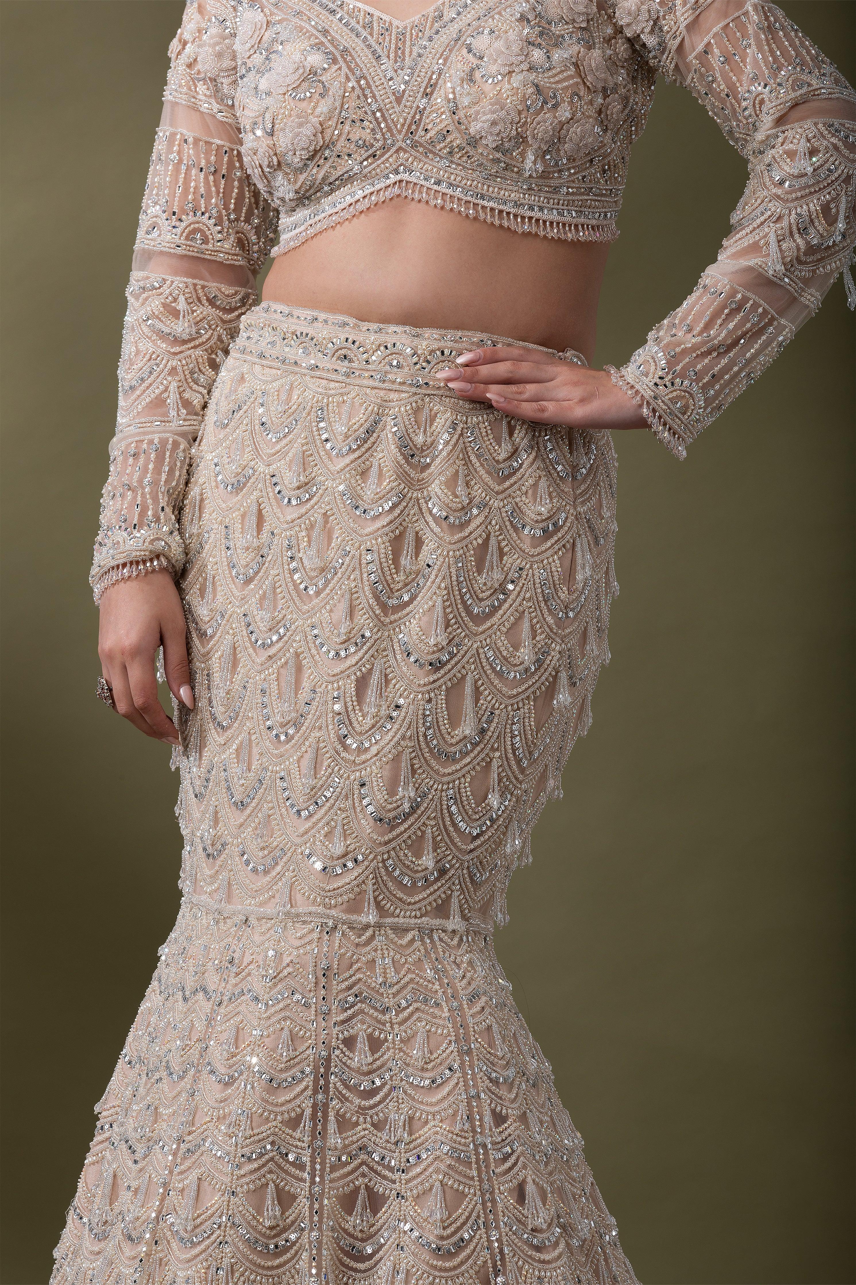 Champagne Embroidered Mermaid Lehenga Set - Mokshaa