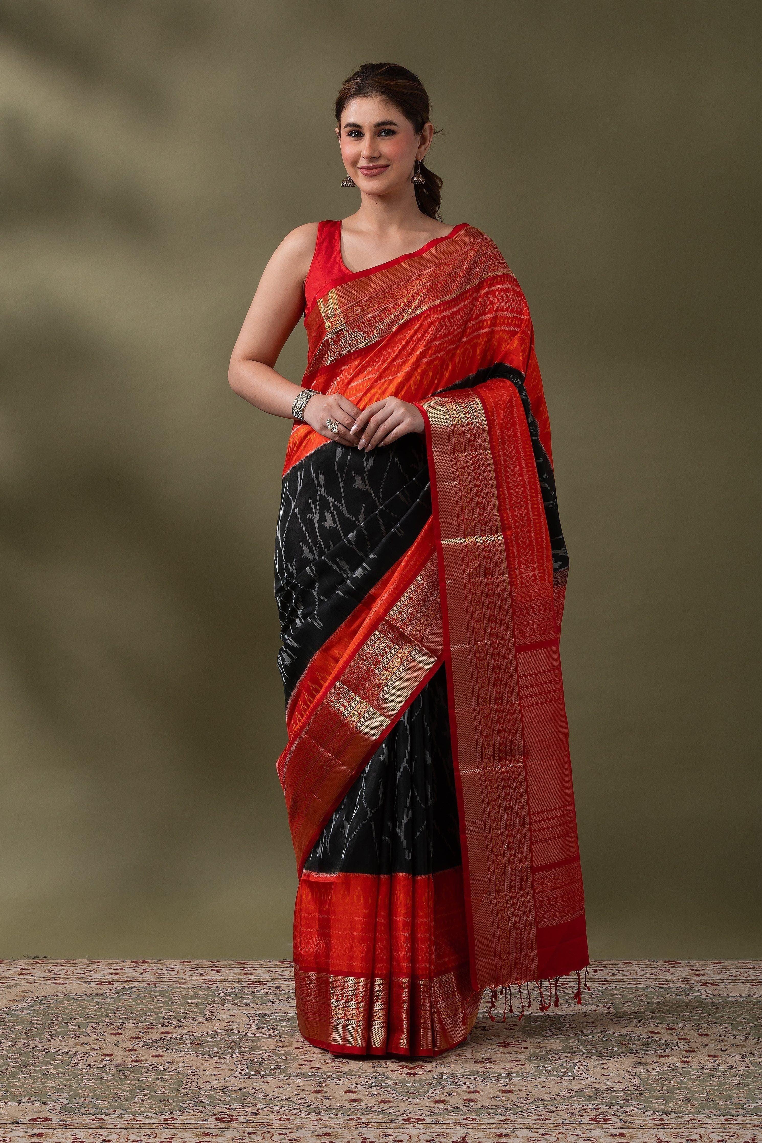Fiery Red and Black Ikat Silk Saree - Mokshaa