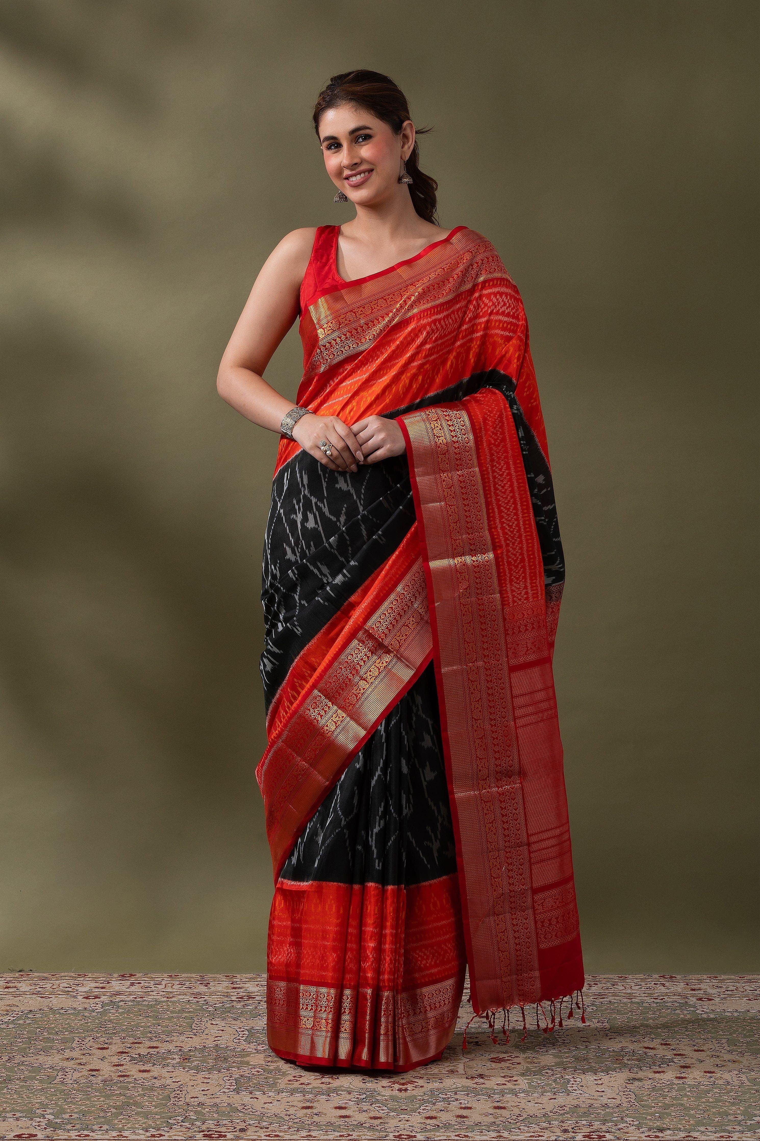 Fiery Red and Black Ikat Silk Saree - Mokshaa